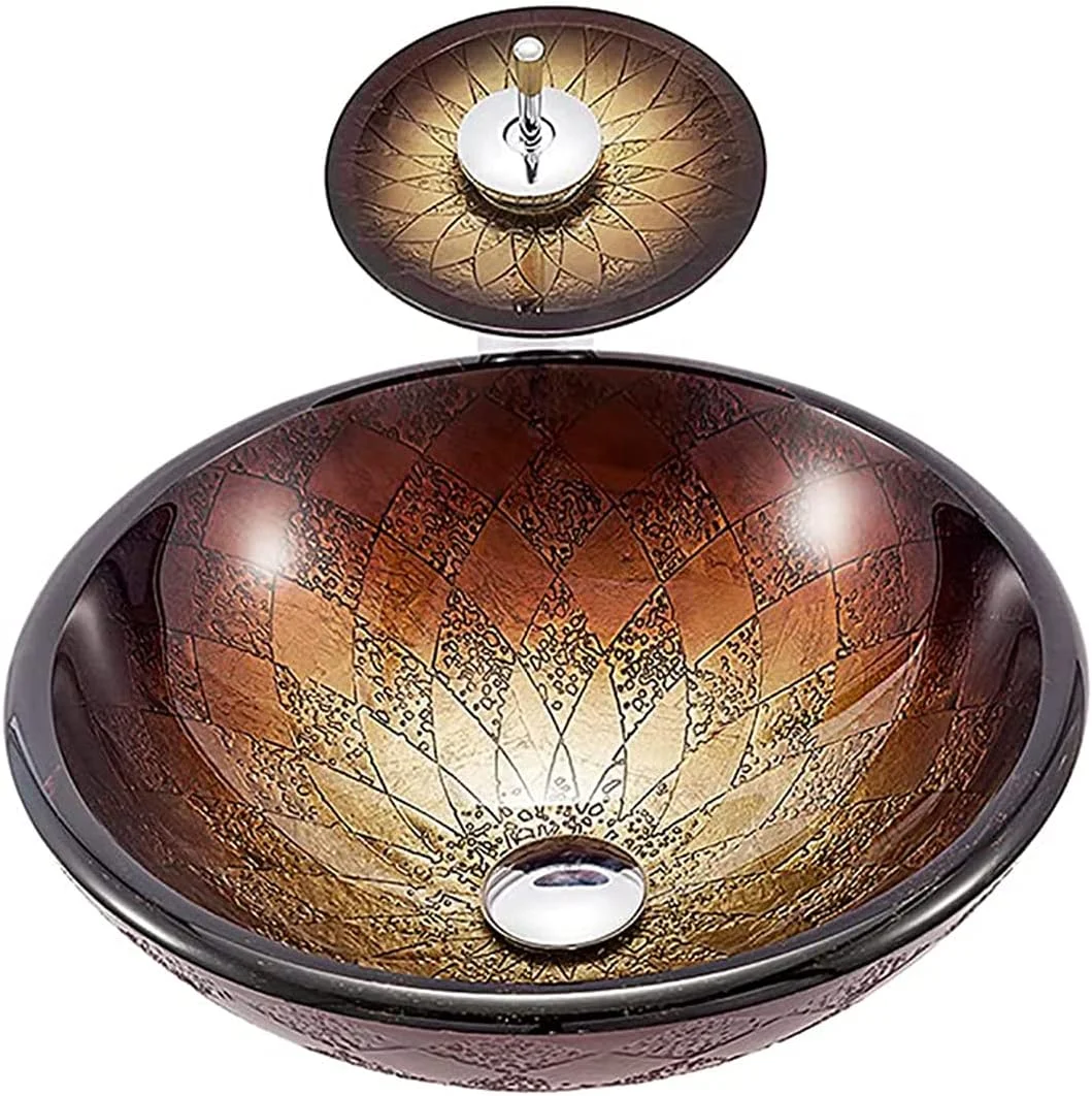 روشویی گرد مدرن و ساده، کاسه روشویی شیشه ای حرارت دیده، سینک های سری هنری حمام، روشویی روکار با تخلیه پاپ آپ و لوله آب، A