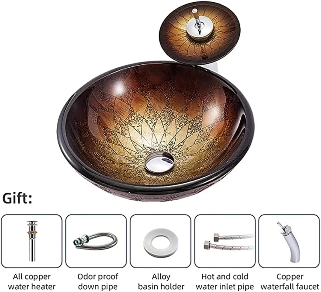 روشویی گرد مدرن و ساده، کاسه روشویی شیشه ای حرارت دیده، سینک های سری هنری حمام، روشویی روکار با تخلیه پاپ آپ و لوله آب، A