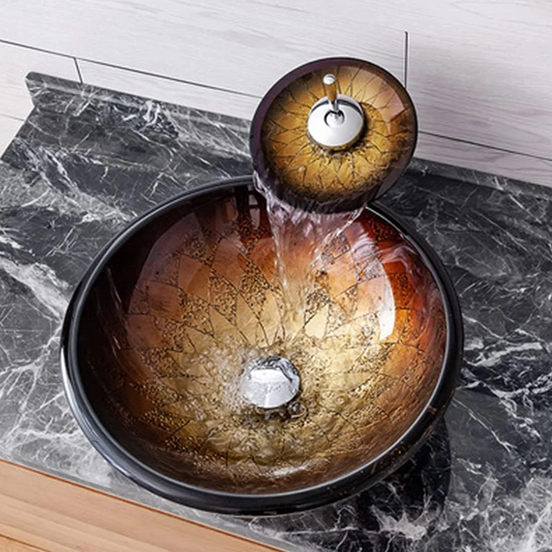 روشویی گرد مدرن و ساده، کاسه روشویی شیشه ای حرارت دیده، سینک های سری هنری حمام، روشویی روکار با تخلیه پاپ آپ و لوله آب، A