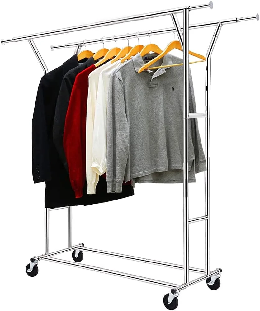 رگال لباس دو ردیفه سنگین، رگال لباس با ظرفیت بار بالا، رگال لباس دو ردیفه قابل تنظیم و تاشو با چرخ رگال لباس دو ردیفه سنگین، رگال لباس با ظرفیت بار بالا، رگال لباس دو ردیفه قابل تنظیم و تاشو با چرخ