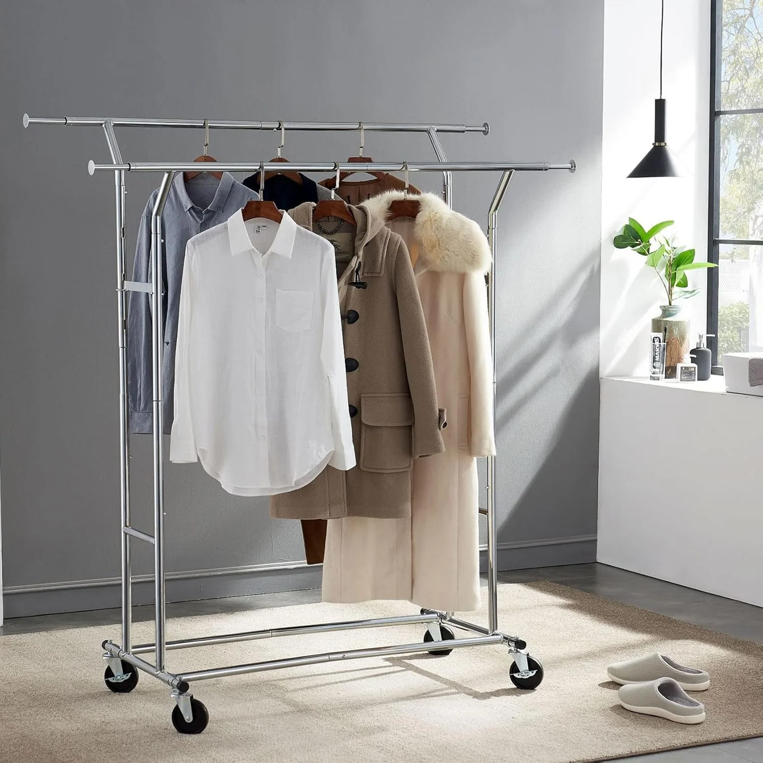 رگال لباس دو ردیفه سنگین، رگال لباس با ظرفیت بار بالا، رگال لباس دو ردیفه قابل تنظیم و تاشو با چرخ رگال لباس دو ردیفه سنگین، رگال لباس با ظرفیت بار بالا، رگال لباس دو ردیفه قابل تنظیم و تاشو با چرخ