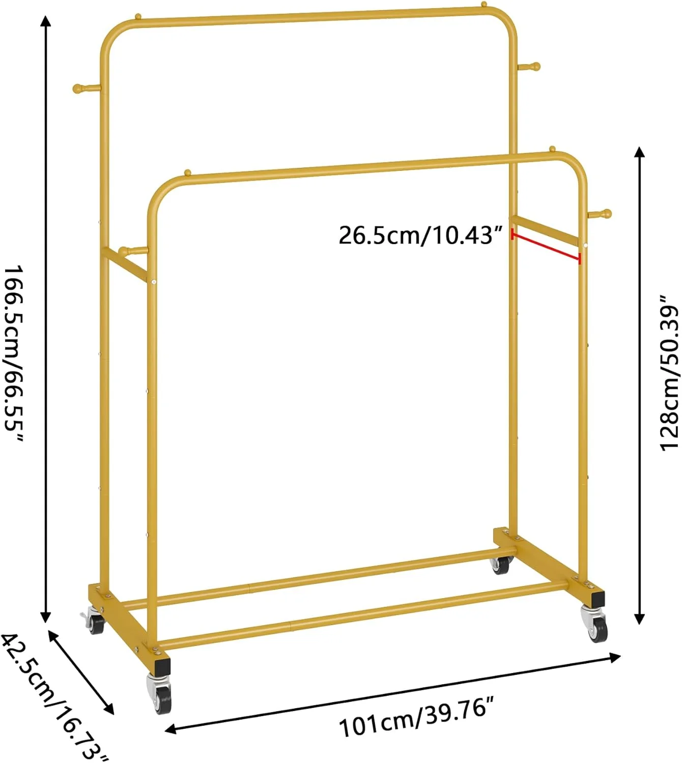 رگال لباس دو میله ای Laiensia با چرخ، رگال آویز لباس، 4 چنگک، رگال لباس چند منظوره اتاق خواب، طلایی