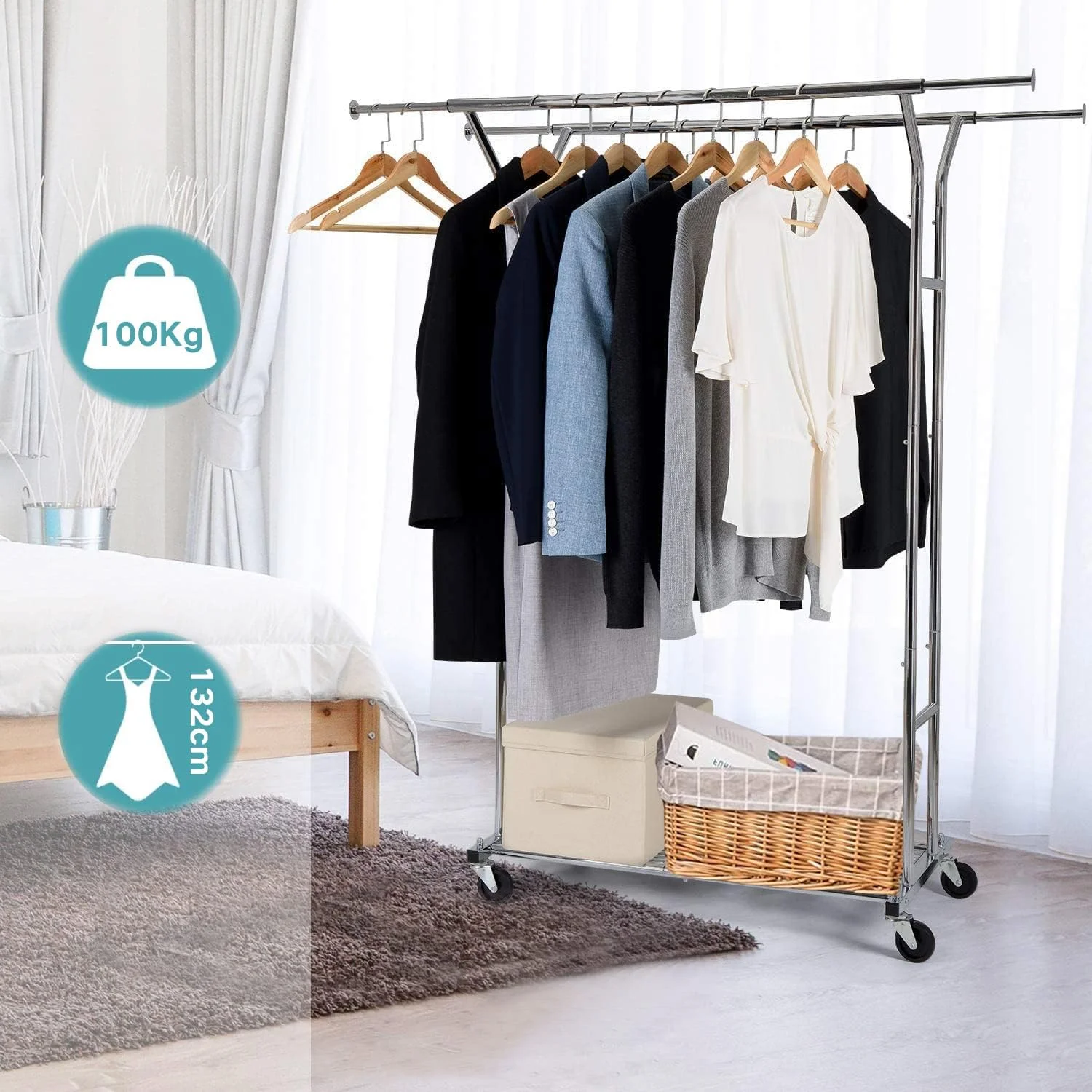 رگال لباس دو ردیفه سنگین، رگال لباس با ظرفیت بار بالا، رگال لباس دو ردیفه قابل تنظیم و تاشو با چرخ رگال لباس دو ردیفه سنگین، رگال لباس با ظرفیت بار بالا، رگال لباس دو ردیفه قابل تنظیم و تاشو با چرخ