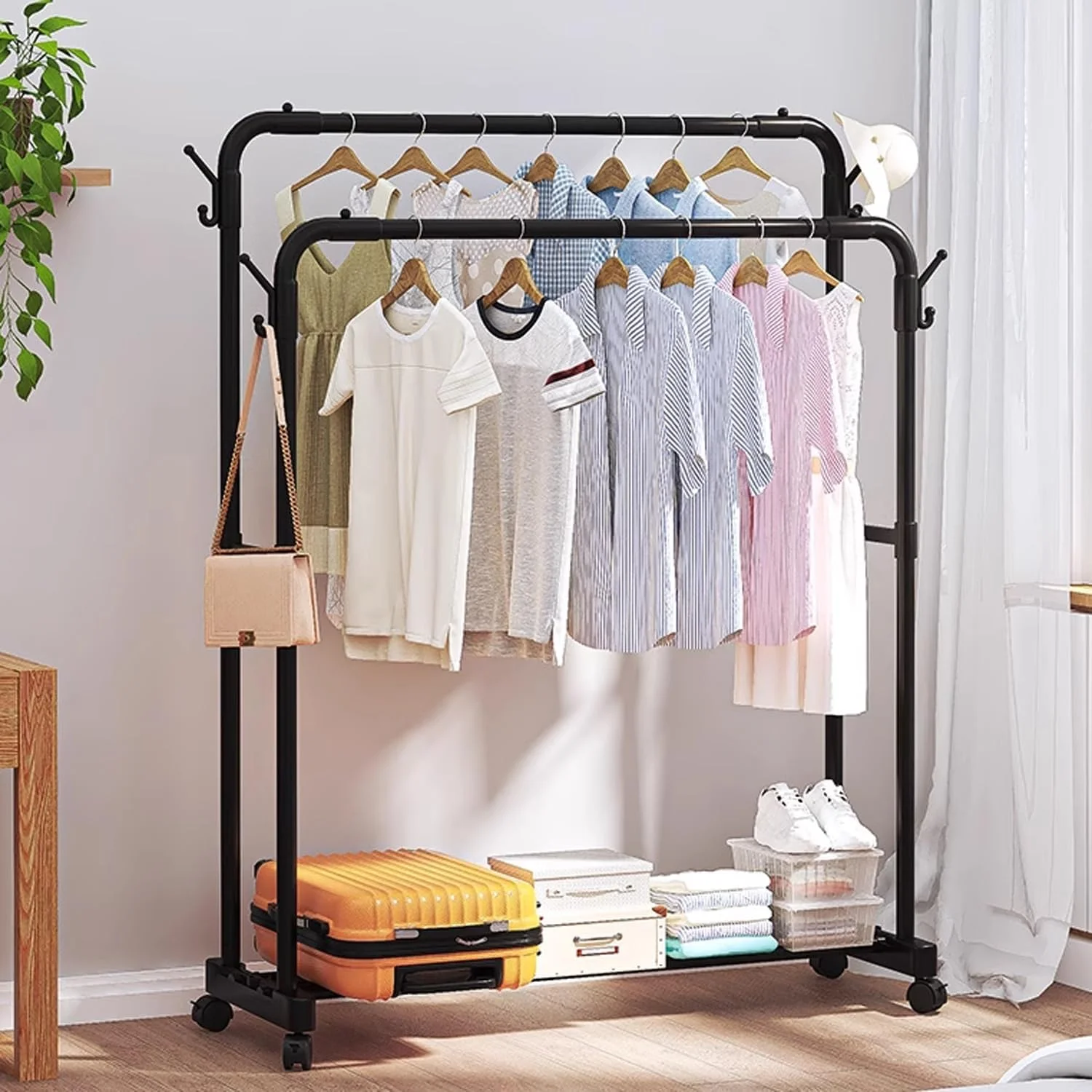 رگال لباس چرخ دار LINGWEI، سازمان دهنده رگال لباس دو میله ای، آویز لباس سنگین با قفسه ها و قلاب های ذخیره سازی، ریل لباس ایستاده برای اتاق خواب رگال لباس چرخ دار LINGWEI، سازمان دهنده رگال لباس دو میله ای، آویز لباس سنگین با قفسه ها و قلاب های ذخیره سازی، ریل لباس ایستاده برای اتاق خواب