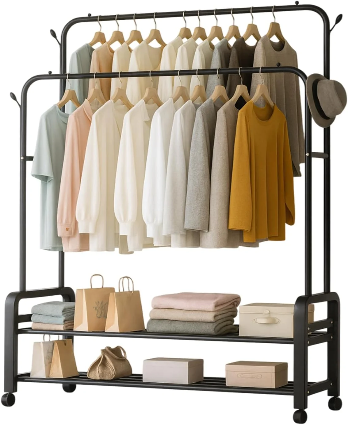 رگال لباس دو ردیفه فلزی مشکی با چرخ و دو طبقه، به همراه قلاب های جانبی و چرخ های قفل دار - مناسب اتاق خواب، خشکشویی و فروشگاه رگال لباس دو ردیفه فلزی مشکی با چرخ و دو طبقه، به همراه قلاب های جانبی و چرخ های قفل دار - مناسب اتاق خواب، خشکشویی و فروشگاه