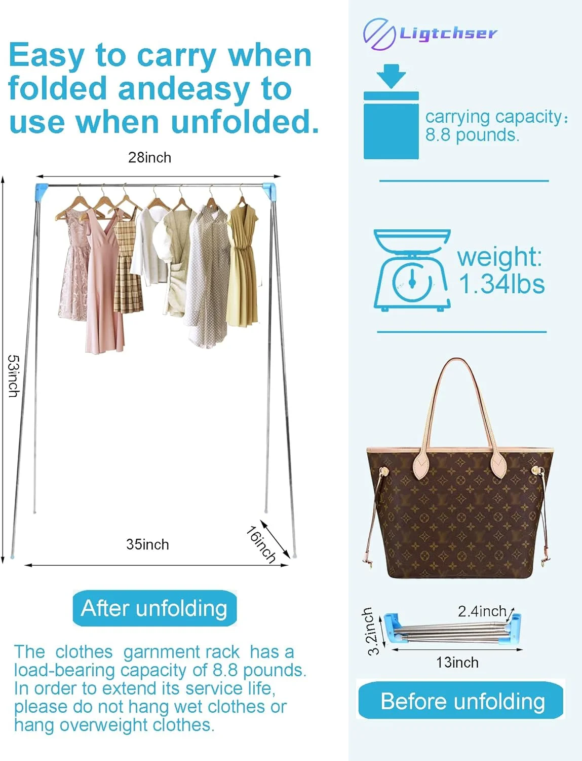 رگال لباس مسافرتی قابل حمل Ligtchser، رگال تاشو لباس برای رقص، مسافرت، کمپینگ، خشک کردن، RV، داخل خانه، فضای باز. یک رگال لباس کوچک تاشو + 6 کیف نگهداری.