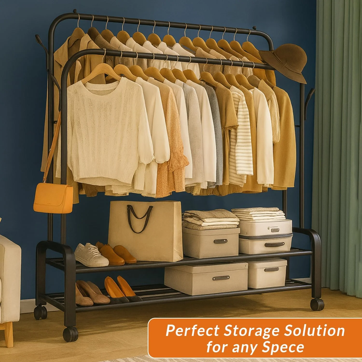 رگال لباس دو ردیفه فلزی مشکی با چرخ و دو طبقه، به همراه قلاب های جانبی و چرخ های قفل دار - مناسب اتاق خواب، خشکشویی و فروشگاه رگال لباس دو ردیفه فلزی مشکی با چرخ و دو طبقه، به همراه قلاب های جانبی و چرخ های قفل دار - مناسب اتاق خواب، خشکشویی و فروشگاه