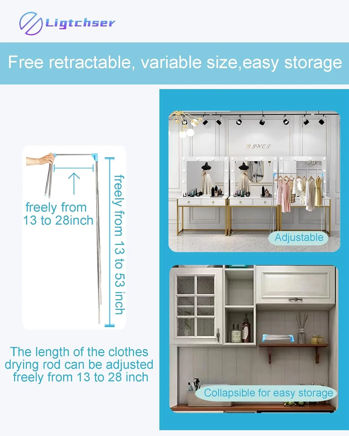 رگال لباس مسافرتی قابل حمل Ligtchser، رگال تاشو لباس برای رقص، مسافرت، کمپینگ، خشک کردن، RV، داخل خانه، فضای باز. یک رگال لباس کوچک تاشو + 6 کیف نگهداری.