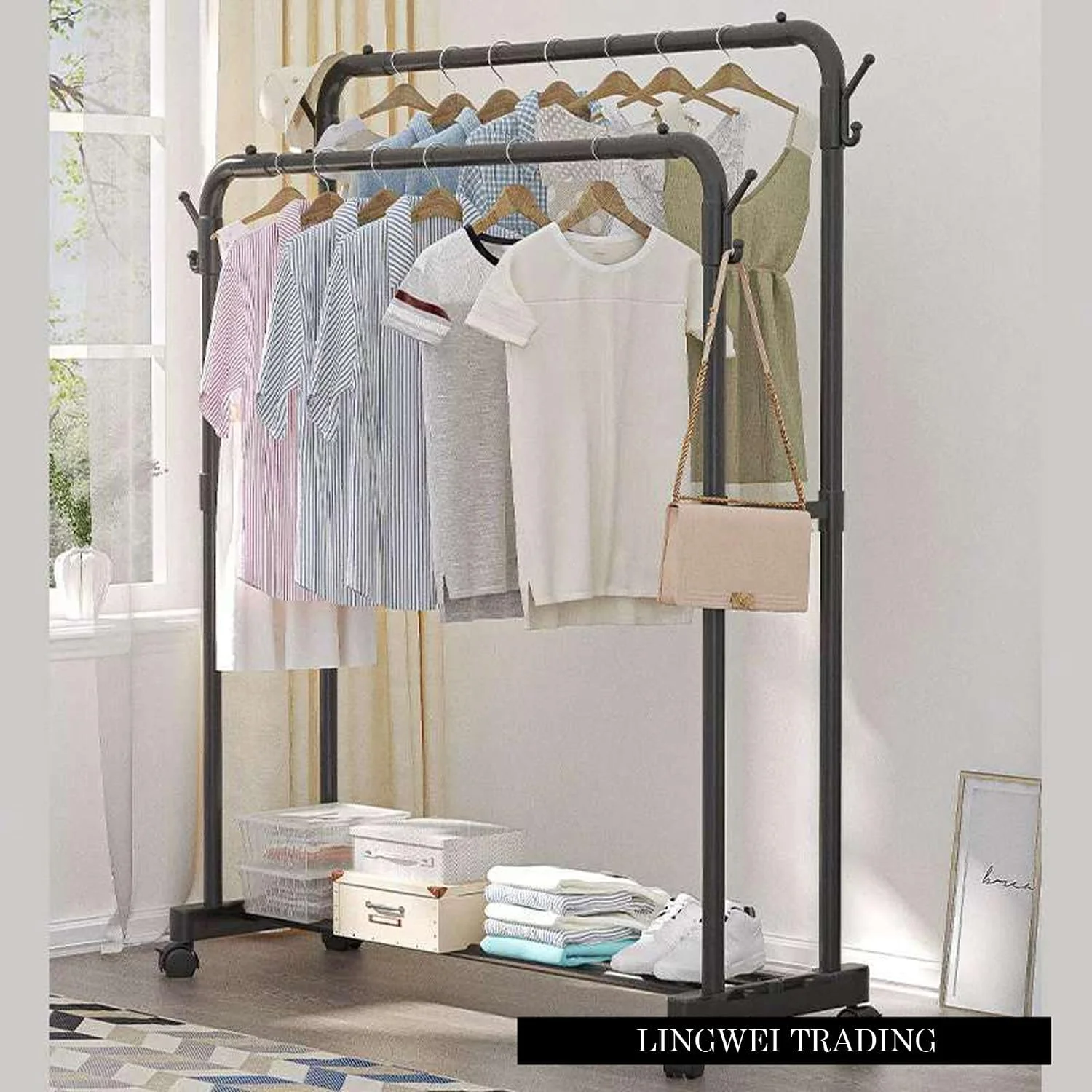 رگال لباس چرخ دار LINGWEI، سازمان دهنده رگال لباس دو میله ای، آویز لباس سنگین با قفسه ها و قلاب های ذخیره سازی، ریل لباس ایستاده برای اتاق خواب