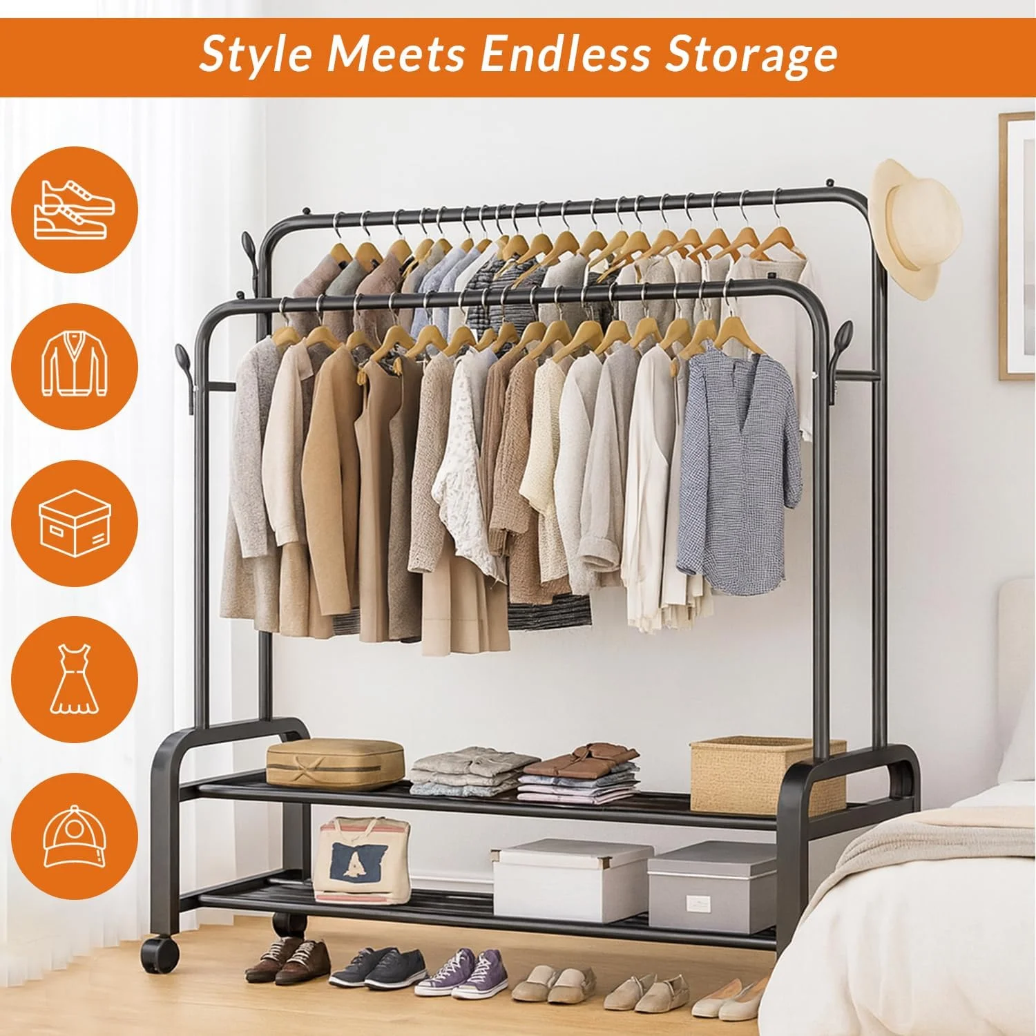 رگال لباس دو ردیفه فلزی مشکی با چرخ و دو طبقه، به همراه قلاب های جانبی و چرخ های قفل دار - مناسب اتاق خواب، خشکشویی و فروشگاه رگال لباس دو ردیفه فلزی مشکی با چرخ و دو طبقه، به همراه قلاب های جانبی و چرخ های قفل دار - مناسب اتاق خواب، خشکشویی و فروشگاه