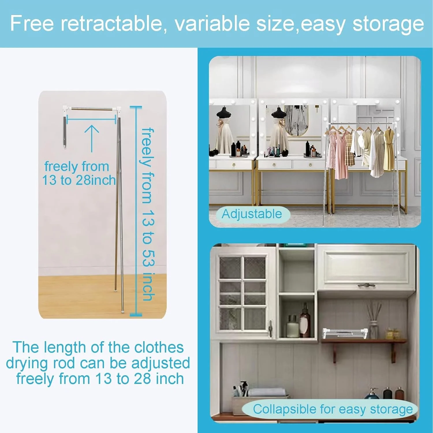 رگال لباس مسافرتی تاشو Luqeeg، رگال ایستاده استیل ضد زنگ تاشو با ارتفاع و عرض قابل تنظیم برای آویزان کردن لباس در کمپینگ، خشک کردن، هتل ها و آپارتمان ها