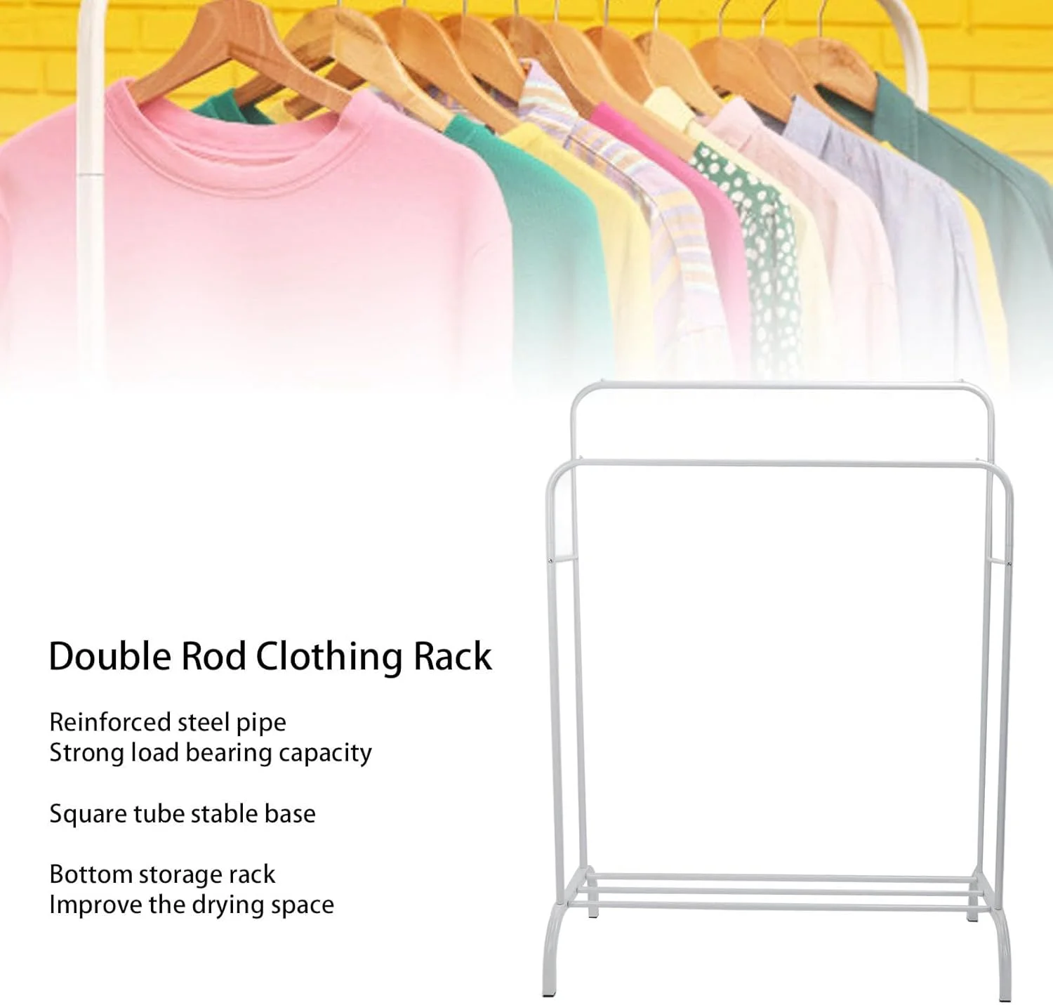 رخت آویز دو طبقه Luocute، رخت آویز دو میله ای فولاد کربنی (آویز لباس) برای فضای خشک کردن بیشتر با طراحی پایدار، چوب لباسی چند منظوره برای اتاق خواب (سفید)