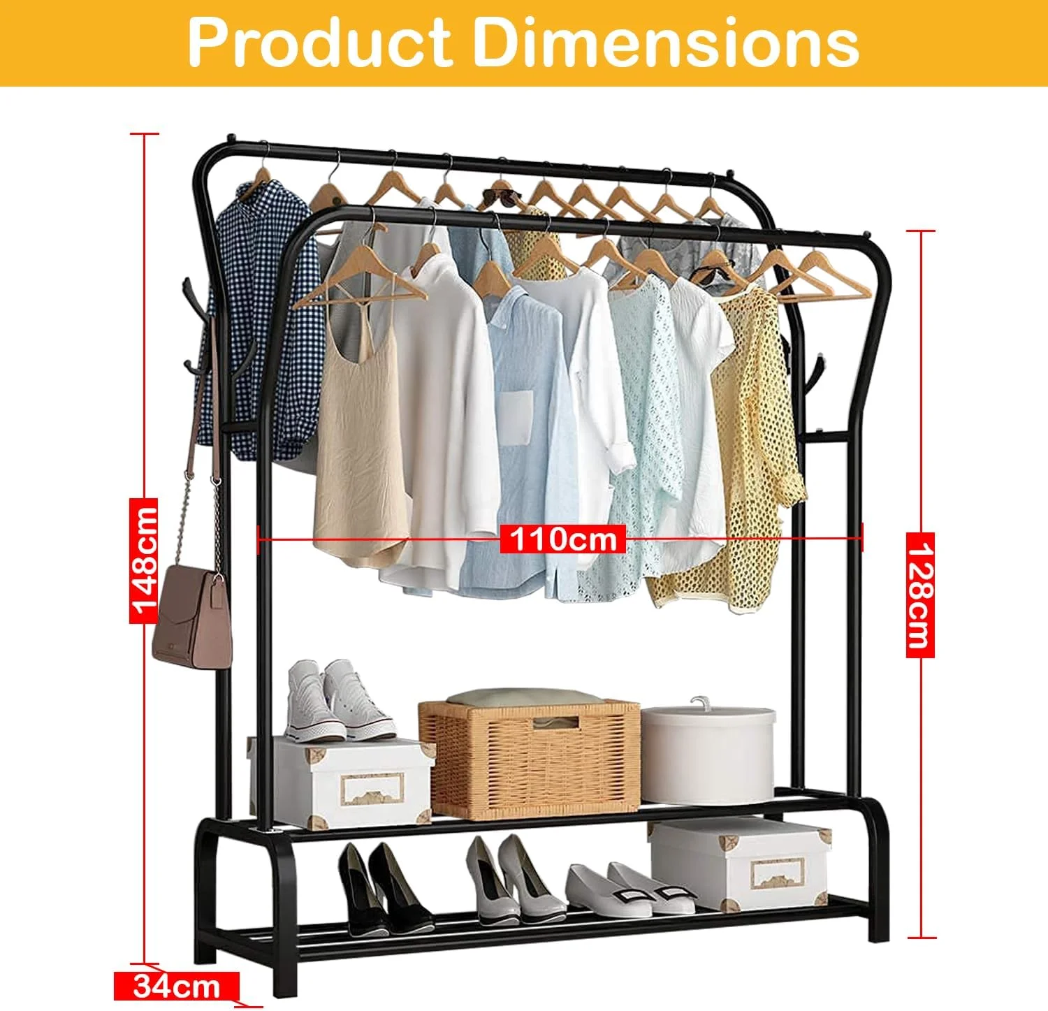 رگال لباس فلزی دو طبقه خمیده چند منظوره لوکزر: رگال لباس سنگین با میله های دوتایی، 2 قفسه زیرین، قلاب جانبی. ایده آل برای اتاق خواب، اتاق نشیمن (مشکی، 34x110x148 سانتی متر)