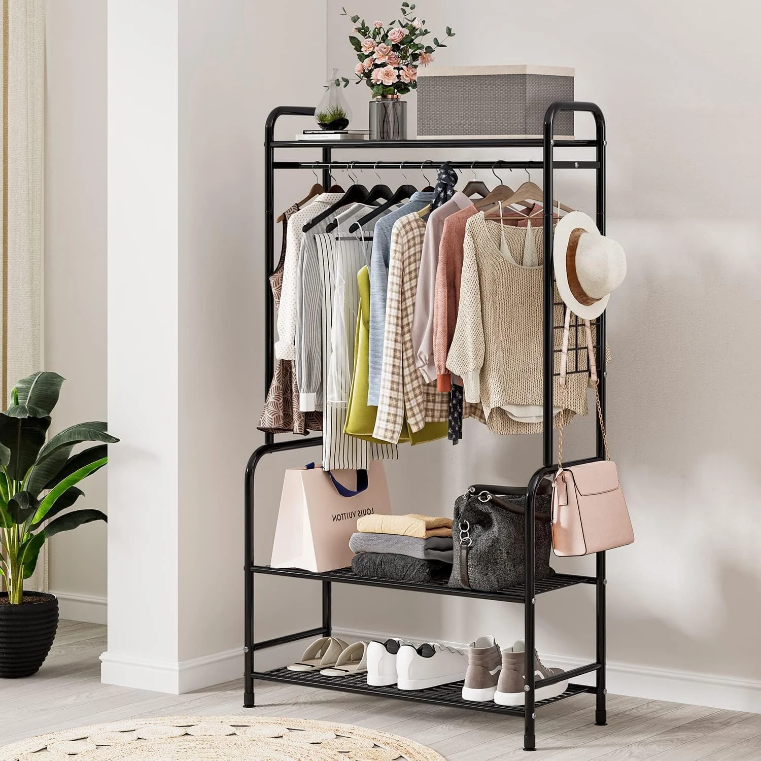 رگال لباس فلزی Majzya با طبقات زیرین، رگال لباس ایستاده برای اتاق خواب، بالکن، راهرو، رختشوی خانه (مشکی) رگال لباس فلزی Majzya با طبقات زیرین، رگال لباس ایستاده برای اتاق خواب، بالکن، راهرو، رختشوی خانه (مشکی)