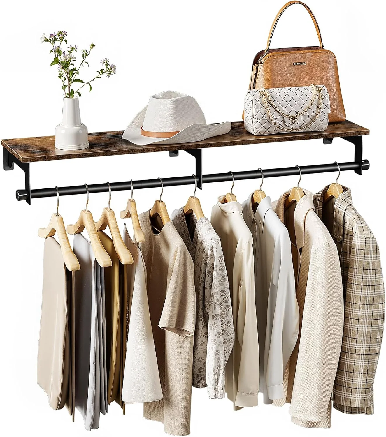 رگال لباس دیواری Luxspire، رگال لباس 110 سانتیمتری با قفسه بالایی برای آویزان کردن لباس، رگال لباس لوله صنعتی سنگین، قفسههای رختشورخانه، کمد لباس، بزرگ، مشکی + قهوهای رگال لباس دیواری Luxspire، رگال لباس 110 سانتیمتری با قفسه بالایی برای آویزان کردن لباس، رگال لباس لوله صنعتی سنگین، قفسههای رختشورخانه، کمد لباس، بزرگ، مشکی + قهوهای