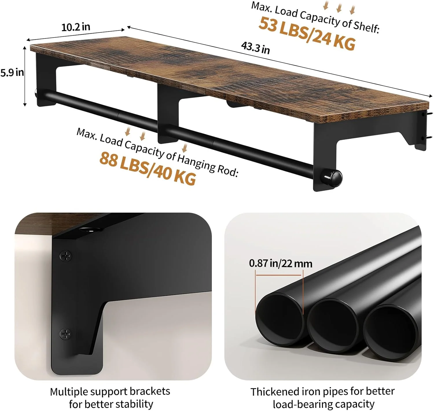 رگال لباس دیواری Luxspire، رگال لباس 110 سانتی‌متری با قفسه بالایی برای آویزان کردن لباس، رگال لباس لوله صنعتی سنگین، قفسه‌های رختشورخانه، کمد لباس، بزرگ، مشکی + قهوه‌ای