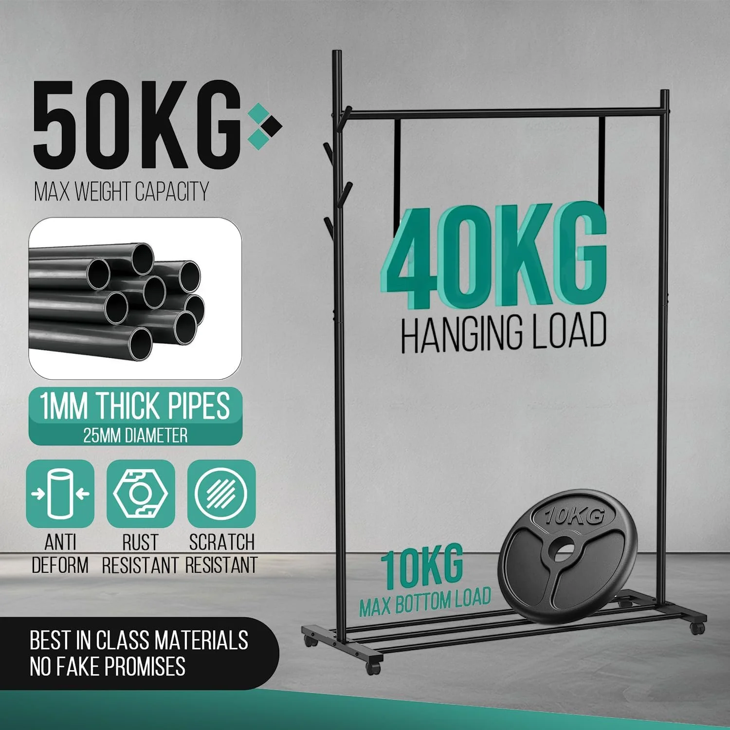 ریل لباس قابل حمل و سنگین برای اتاق خواب، خانه و فروشگاه ها، رخت آویز با ظرفیت بار 50 کیلوگرم به همراه قفسه ذخیره سازی، 4 عدد قلاب، ریل فلزی لباس برای آویزان کردن لباس ها، پیراهن ها، کت ها