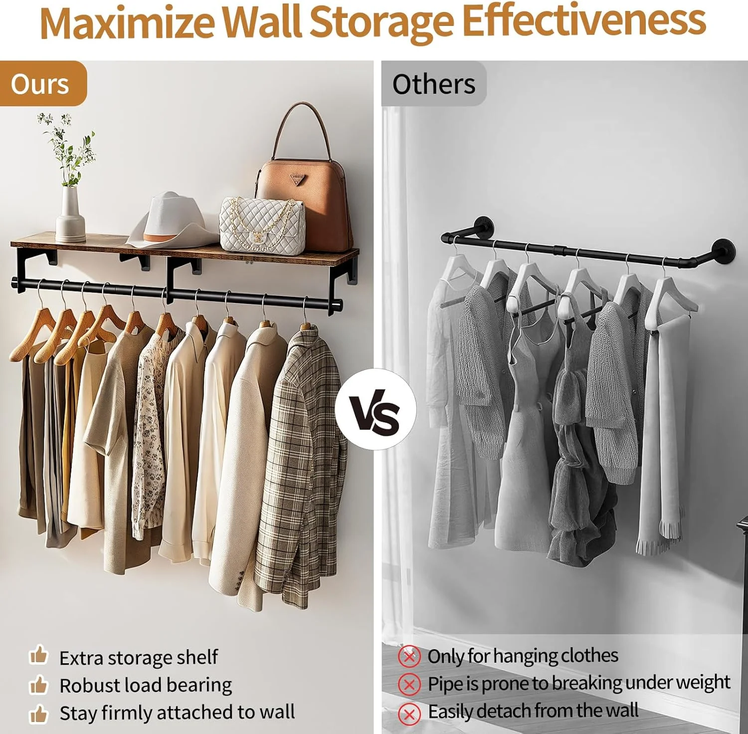 رگال لباس دیواری Luxspire، رگال لباس 110 سانتی‌متری با قفسه بالایی برای آویزان کردن لباس، رگال لباس لوله صنعتی سنگین، قفسه‌های رختشورخانه، کمد لباس، بزرگ، مشکی + قهوه‌ای