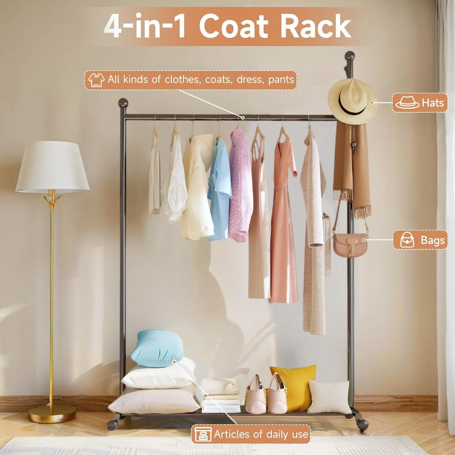 ریل لباس قابل حمل و سنگین برای اتاق خواب، خانه و فروشگاه ها، رخت آویز با ظرفیت بار 50 کیلوگرم به همراه قفسه ذخیره سازی، 4 عدد قلاب، ریل فلزی لباس برای آویزان کردن لباس ها، پیراهن ها، کت ها