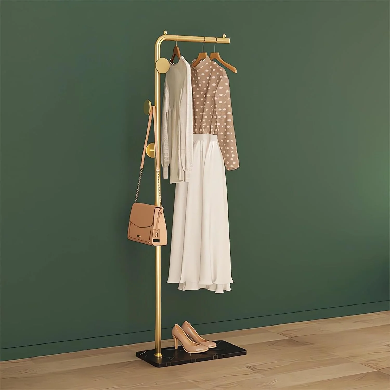 جالباسی فلزی با ۴ آویز و پایه پایدار، جالباسی مدرن با میله افقی، جالباسی ایستاده L شکل، جالباسی ایستاده برای ورودی، اداره یا اتاق خواب (طلایی)