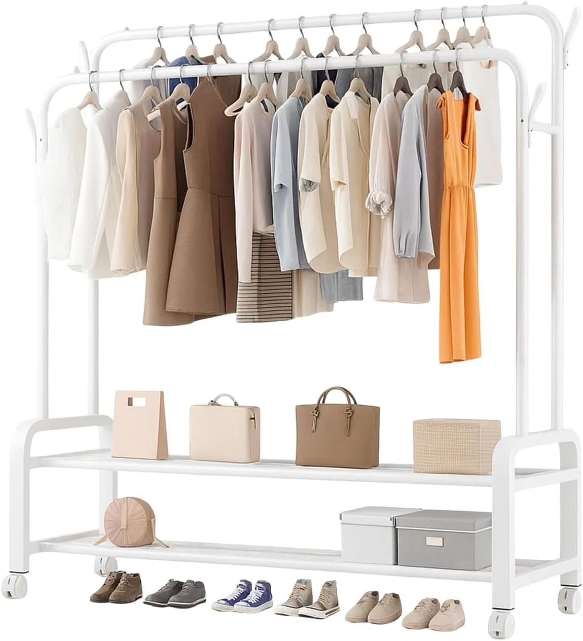 رگال لباس سنگین MARKQ با چرخ - استند آویز لباس دو میله ای، سازمان دهنده کمد ایستاده با قفسه نگهداری، رگال لباس قابل حمل برای اتاق خواب و لباسشویی، سفید