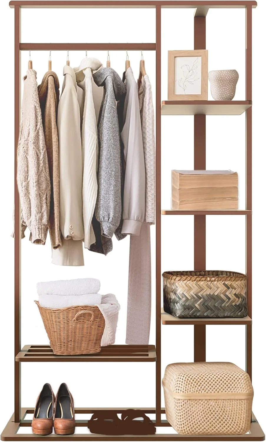 رگال لباس بامبو: آویز لباس چوبی، رگال ایستاده لباس با میله آویز، 3 طبقه قفسه کناری و 2 طبقه قفسه زیرین برای اتاق خواب، اداره، منزل