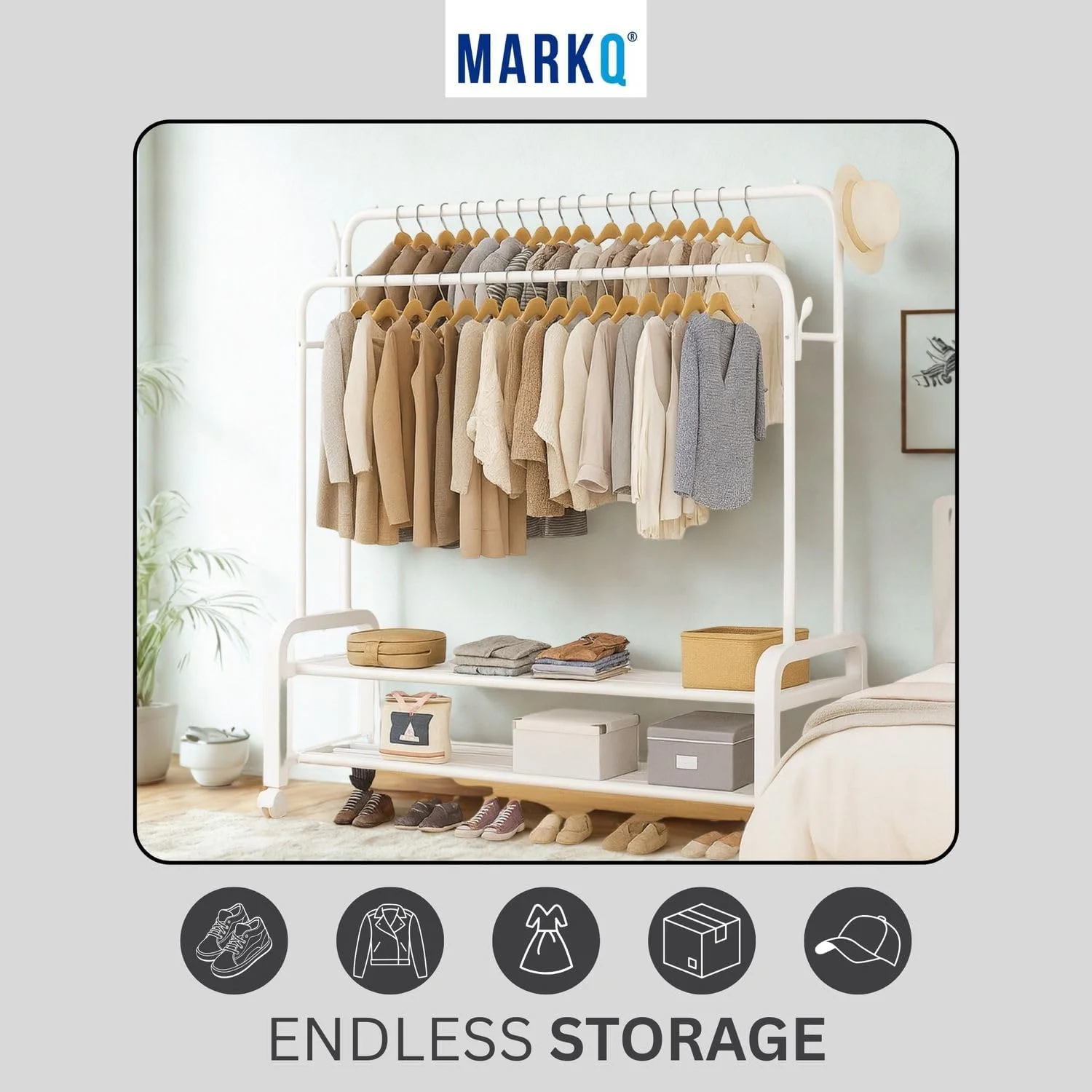رگال لباس سنگین MARKQ با چرخ - استند آویز لباس دو میله ای، سازمان دهنده کمد ایستاده با قفسه نگهداری، رگال لباس قابل حمل برای اتاق خواب و لباسشویی، سفید