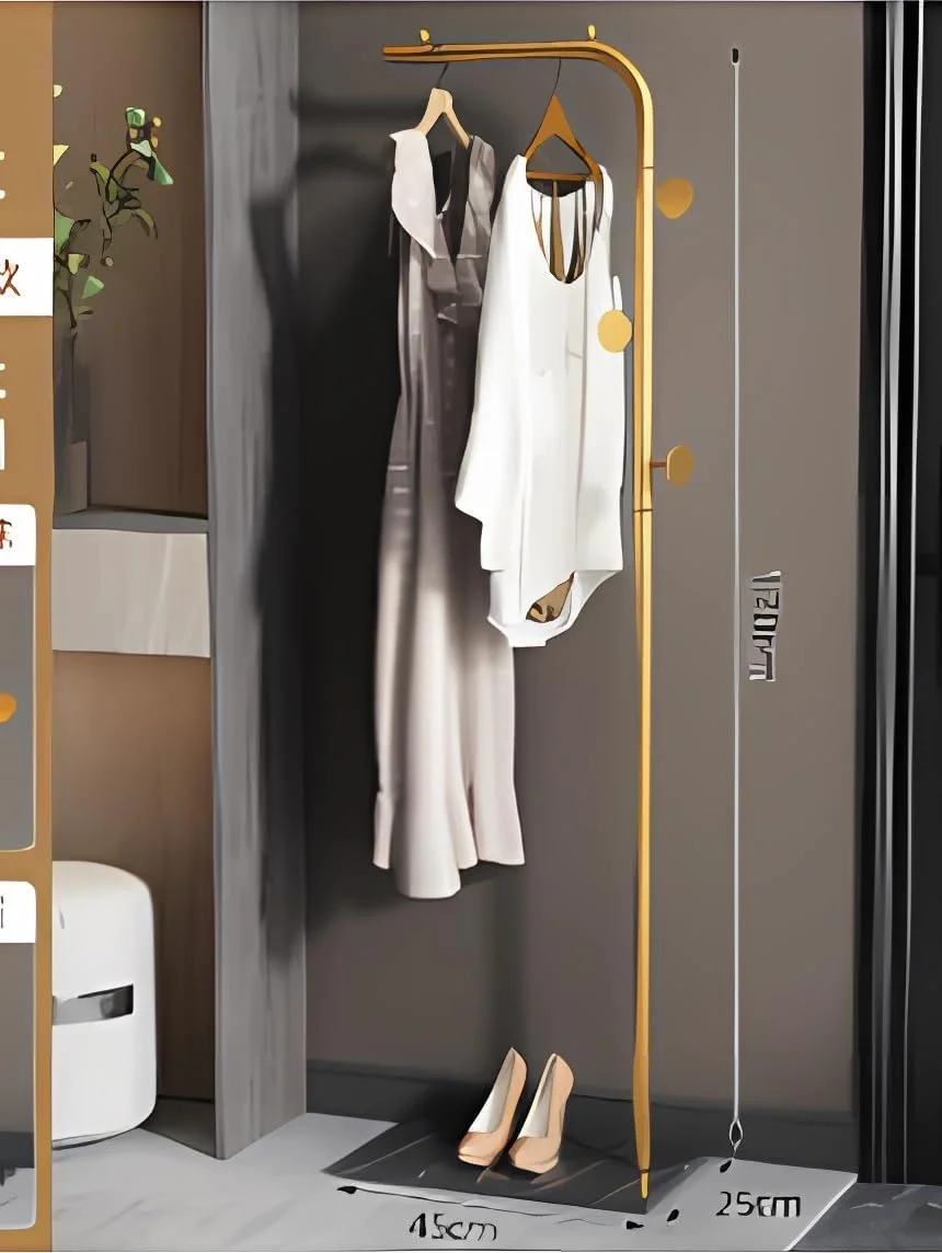 جالباسی فلزی با ۴ آویز و پایه پایدار، جالباسی مدرن با میله افقی، جالباسی ایستاده L شکل، جالباسی ایستاده برای ورودی، اداره یا اتاق خواب (طلایی)