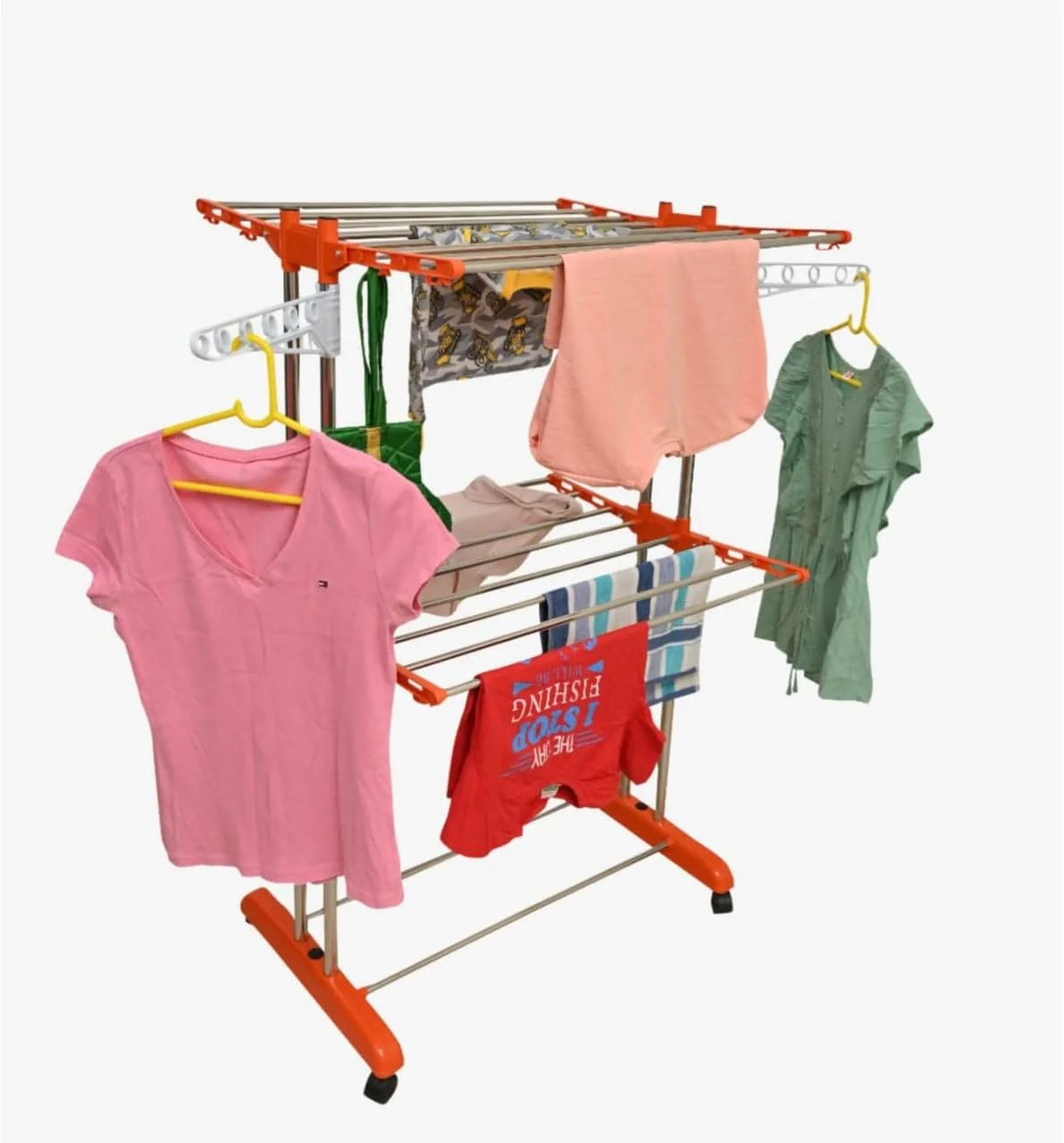 رخت آویز تاشو 2 طبقه برای خشک کردن لباس | قفسه لباس با باله های قابل تنظیم و چرخ. مناسب برای استفاده در فضای داخلی و خارجی (نارنجی) رخت آویز تاشو 2 طبقه برای خشک کردن لباس | قفسه لباس با باله های قابل تنظیم و چرخ. مناسب برای استفاده در فضای داخلی و خارجی (نارنجی)