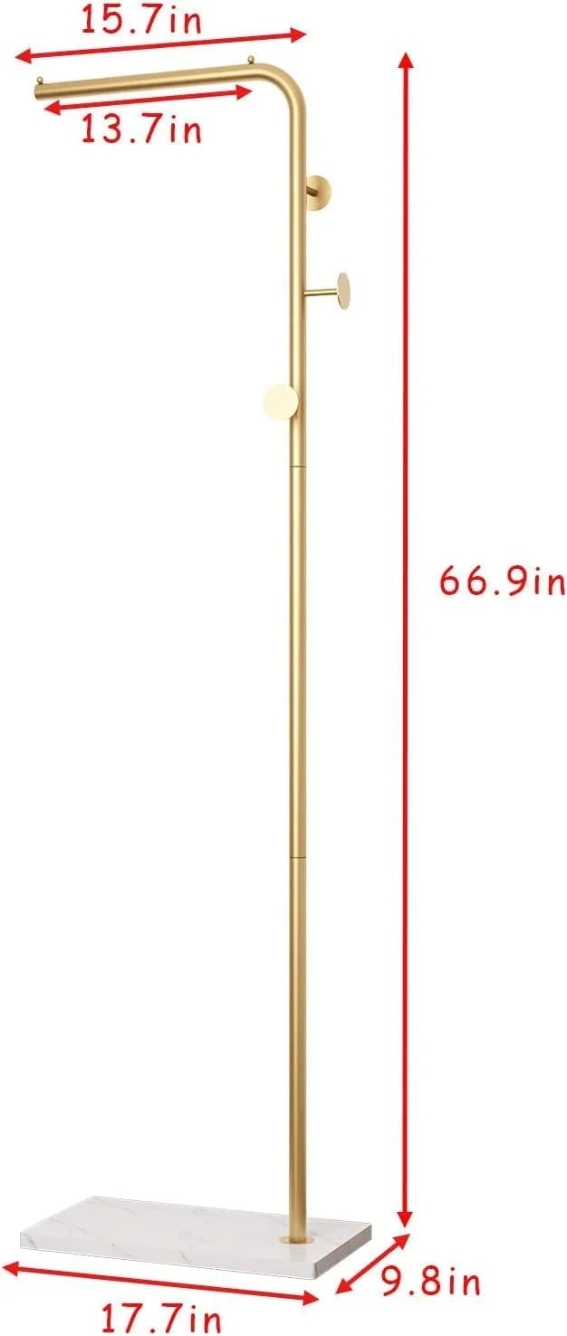 جالباسی فلزی با ۴ آویز و پایه پایدار، جالباسی مدرن با میله افقی، جالباسی ایستاده L شکل، جالباسی ایستاده برای ورودی، اداره یا اتاق خواب (طلایی)