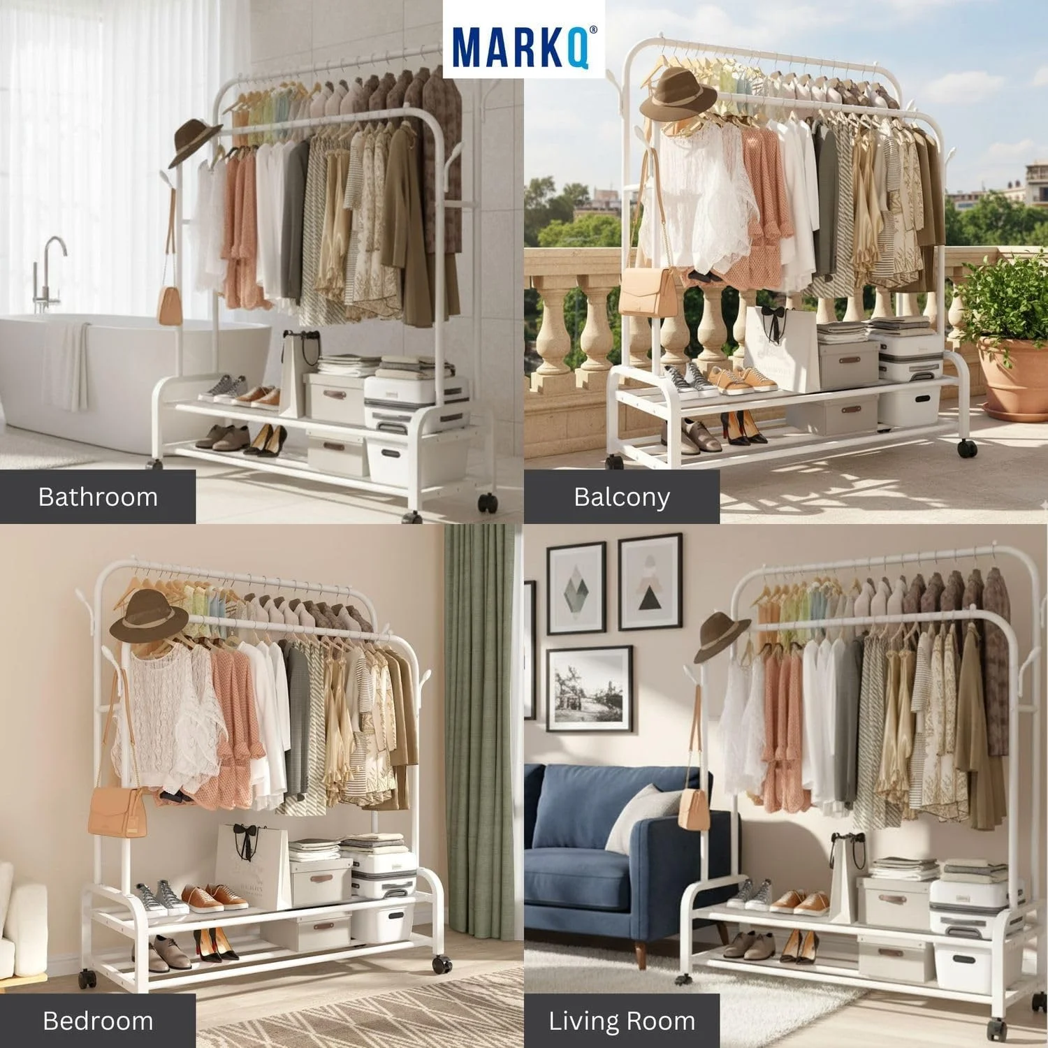 رگال لباس سنگین MARKQ با چرخ - استند آویز لباس دو میله ای، سازمان دهنده کمد ایستاده با قفسه نگهداری، رگال لباس قابل حمل برای اتاق خواب و لباسشویی، سفید