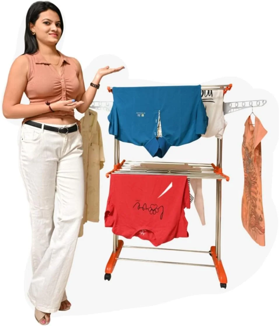 رخت آویز تاشو 2 طبقه برای خشک کردن لباس | قفسه لباس با باله های قابل تنظیم و چرخ. مناسب برای استفاده در فضای داخلی و خارجی (نارنجی) رخت آویز تاشو 2 طبقه برای خشک کردن لباس | قفسه لباس با باله های قابل تنظیم و چرخ. مناسب برای استفاده در فضای داخلی و خارجی (نارنجی)