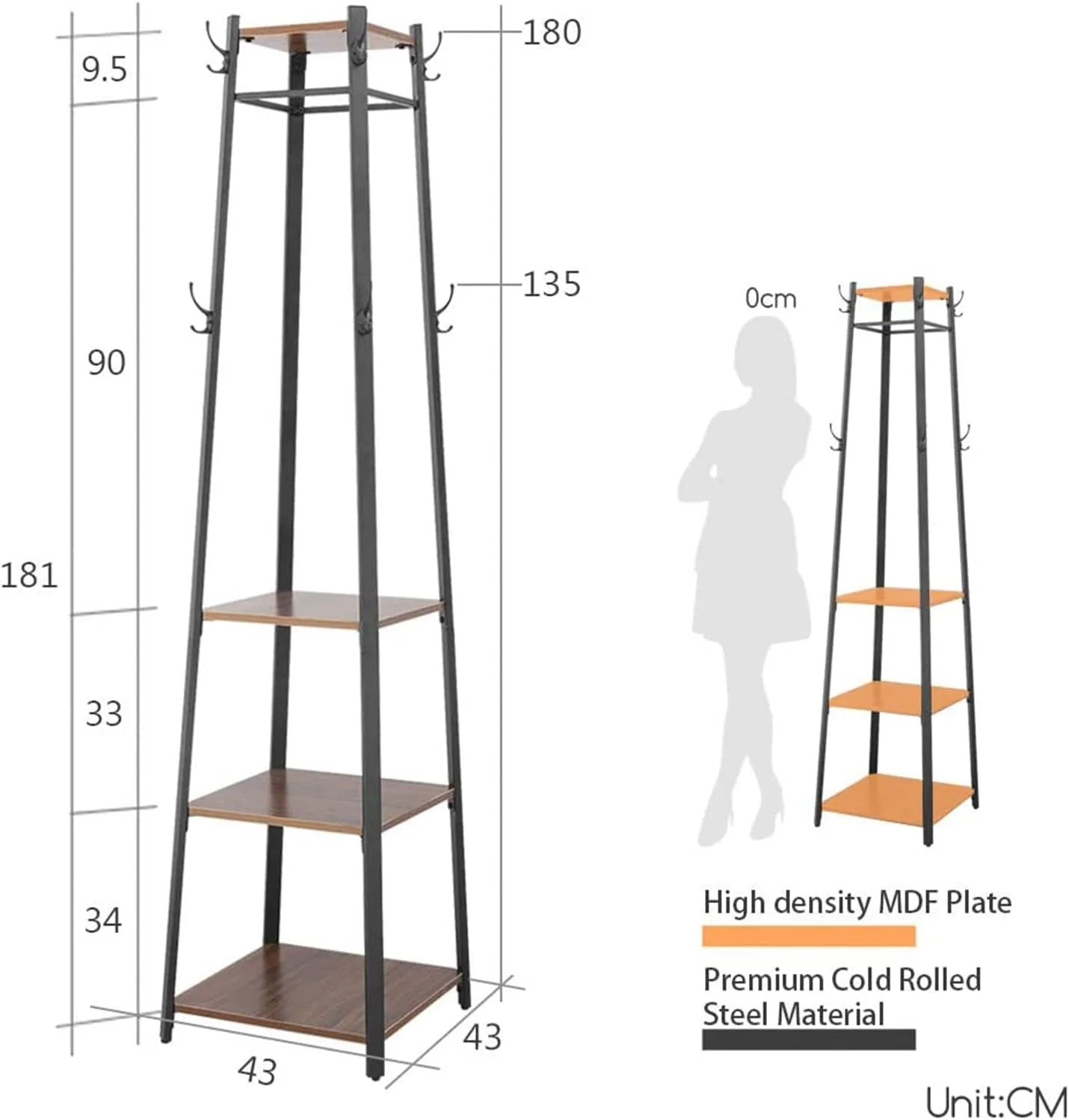 جالباسی ایستاده فلزی: رخت آویز فلزی با 4 طبقه چوبی و 8 آویز، مناسب برای ورودی منزل، اداره، اتاق خواب و گوشه