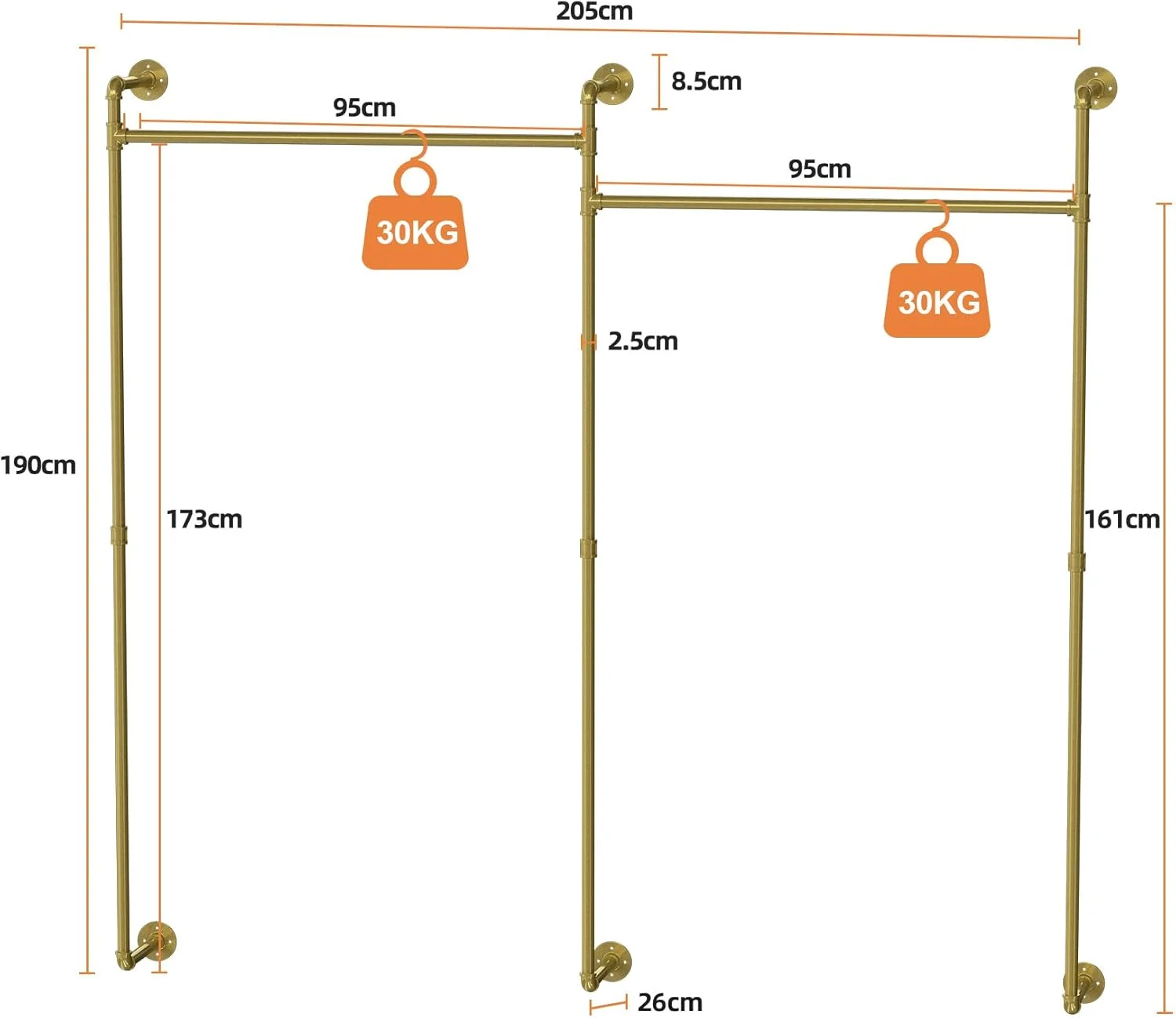 رگال لباس لوله صنعتی مدلا: رگال لباس دیواری طلایی، میله آویز نمایشگاهی برای نگهداری کمد، رگال لباس دیواری صنعتی 190x205 سانتی متر