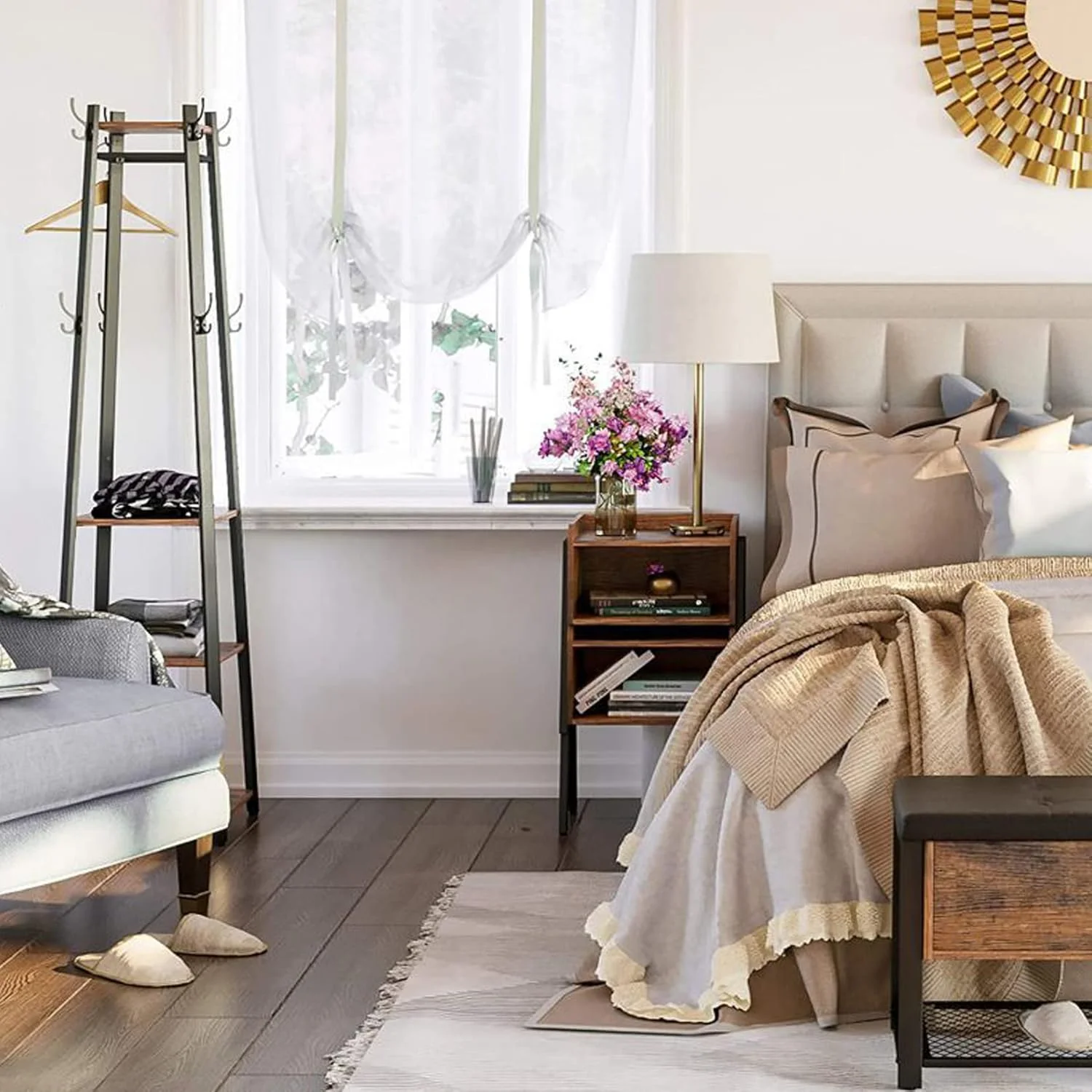 جالباسی ایستاده فلزی: رخت آویز فلزی با 4 طبقه چوبی و 8 آویز، مناسب برای ورودی منزل، اداره، اتاق خواب و گوشه