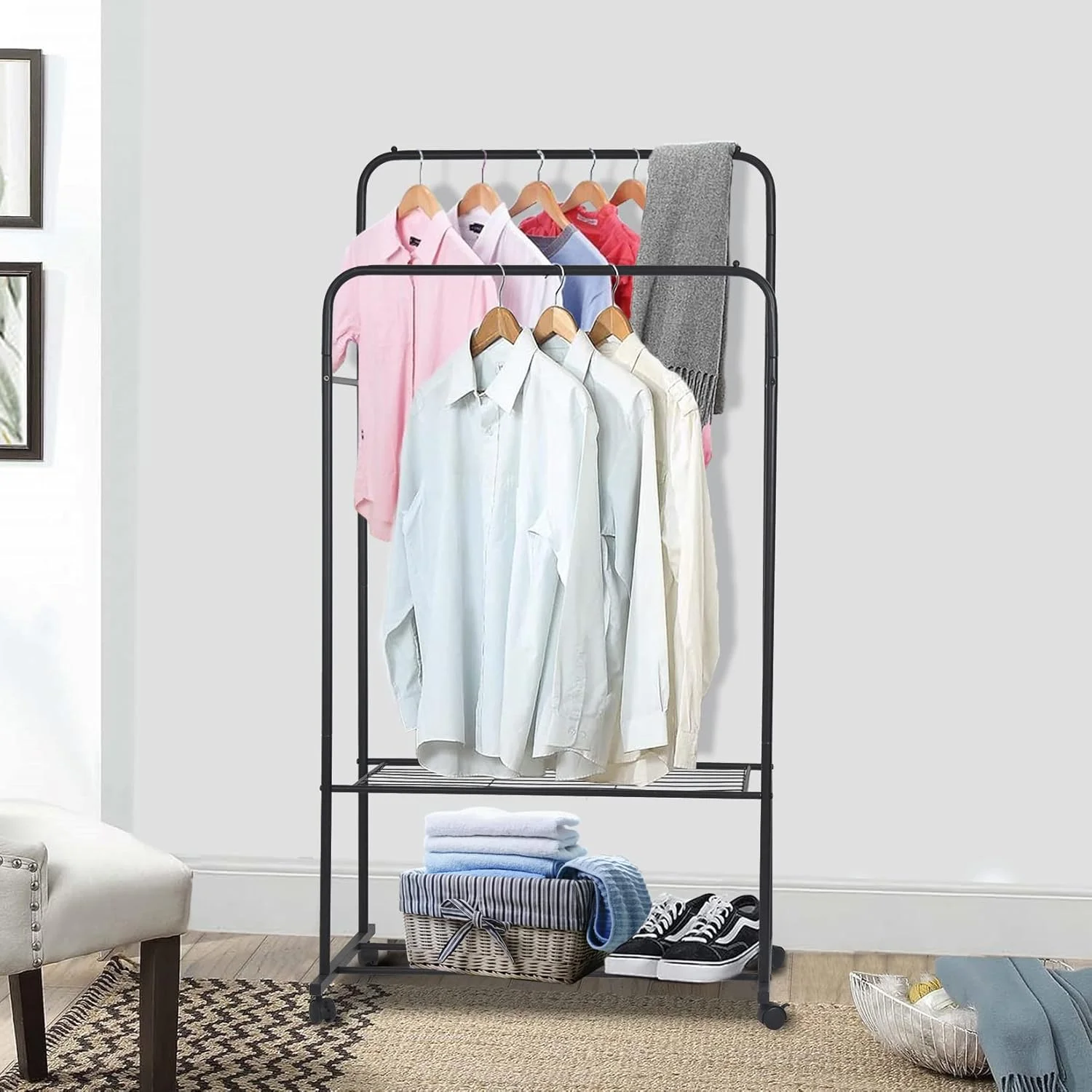 رگال لباس دو طبقه آویز: رگال فلزی لباس با چرخ، کمد لباس باز، آویز لباس چرخ دار قابل حمل با قفسه، سازمان دهنده خشک کن لباس، میله آویز لباس مشکی