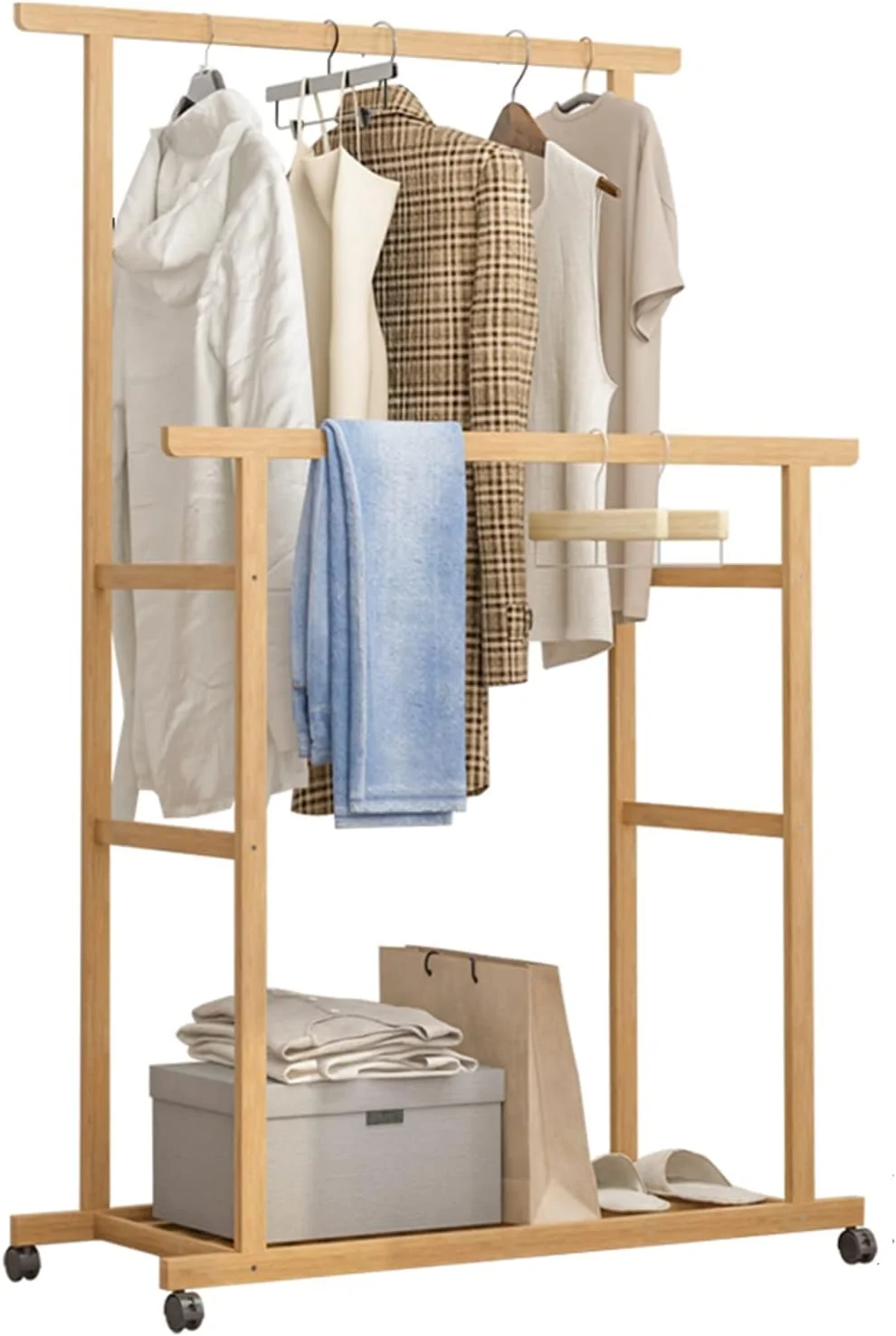رگال لباس چرخ دار: آویز لباس متحرک دو میله ای با قفسه زیرین برای نگهداری کفش، سازمان دهنده لباس ایستاده چوبی برای اتاق خواب و بالکن