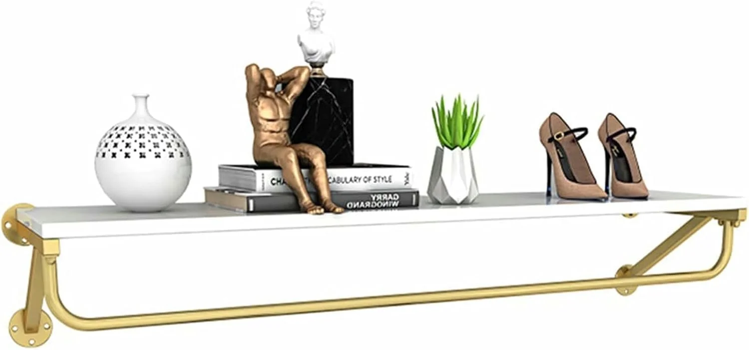 رگال لباس چوبی فلزی - استند دیواری برای لباس، کفش و حوله - راه حل شیک برای نگهداری در خانه و فروشگاه، 100x26 سانتی متر، روکش طلایی