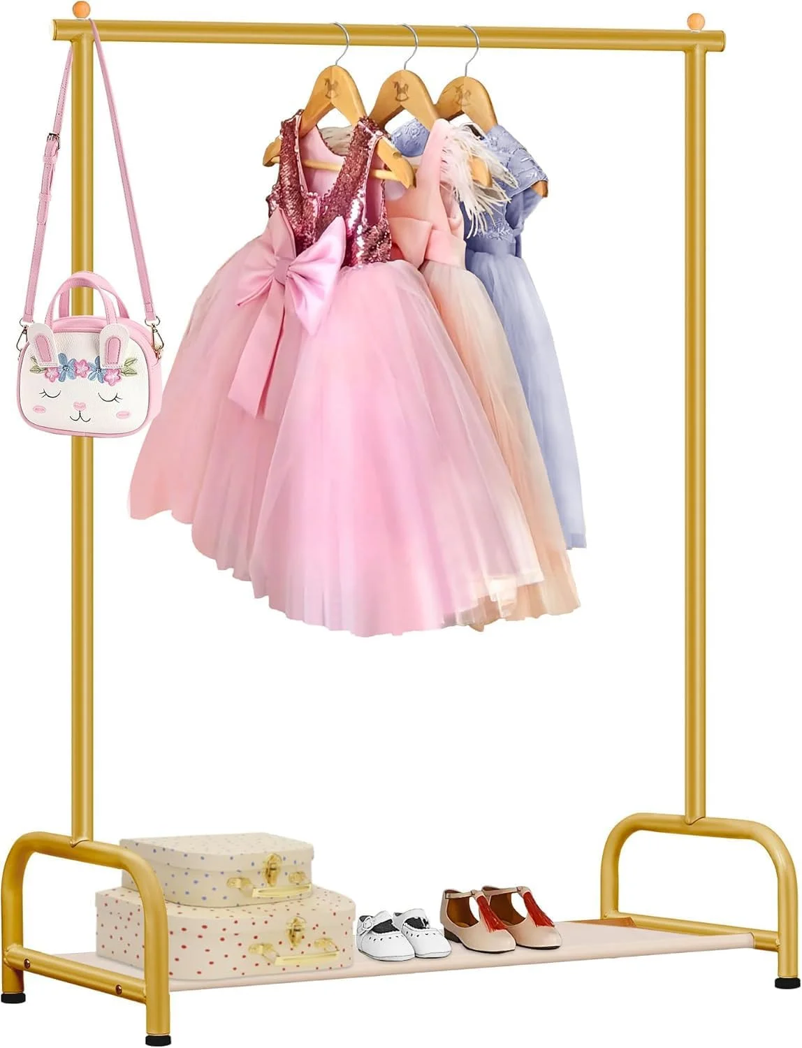 رگال لباس کودک MISSLO، رگال لباس کوچک بچه گانه با قفسه ذخیره سازی پایین، رگال آویز لباس کودک برای کت، رگال فلزی لباس رقص برای آویزان کردن لباس، طلایی