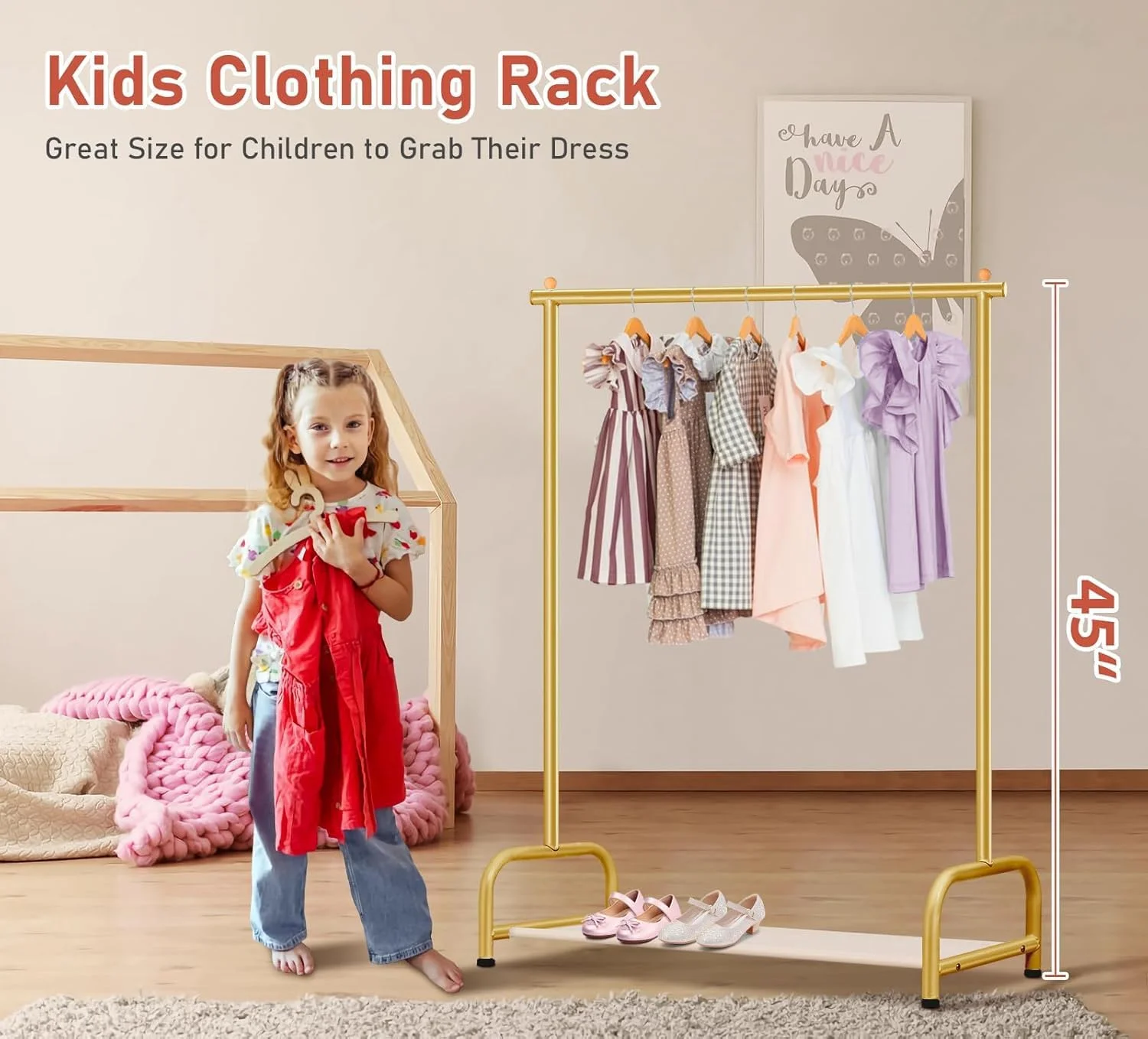 رگال لباس کودک MISSLO، رگال لباس کوچک بچه گانه با قفسه ذخیره سازی پایین، رگال آویز لباس کودک برای کت، رگال فلزی لباس رقص برای آویزان کردن لباس، طلایی