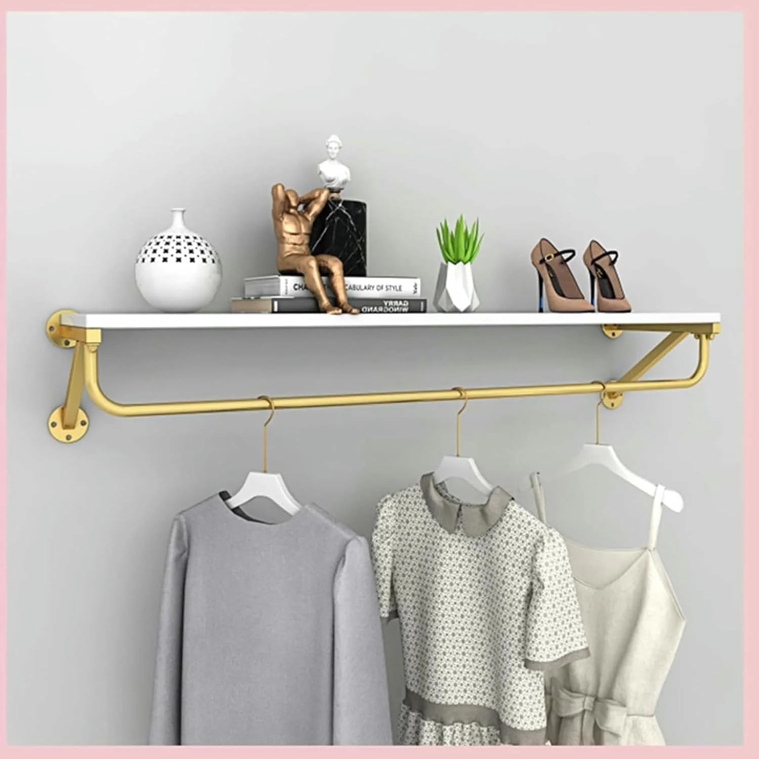 رگال لباس چوبی فلزی - استند دیواری برای لباس، کفش و حوله - راه حل شیک برای نگهداری در خانه و فروشگاه، 100x26 سانتی متر، روکش طلایی