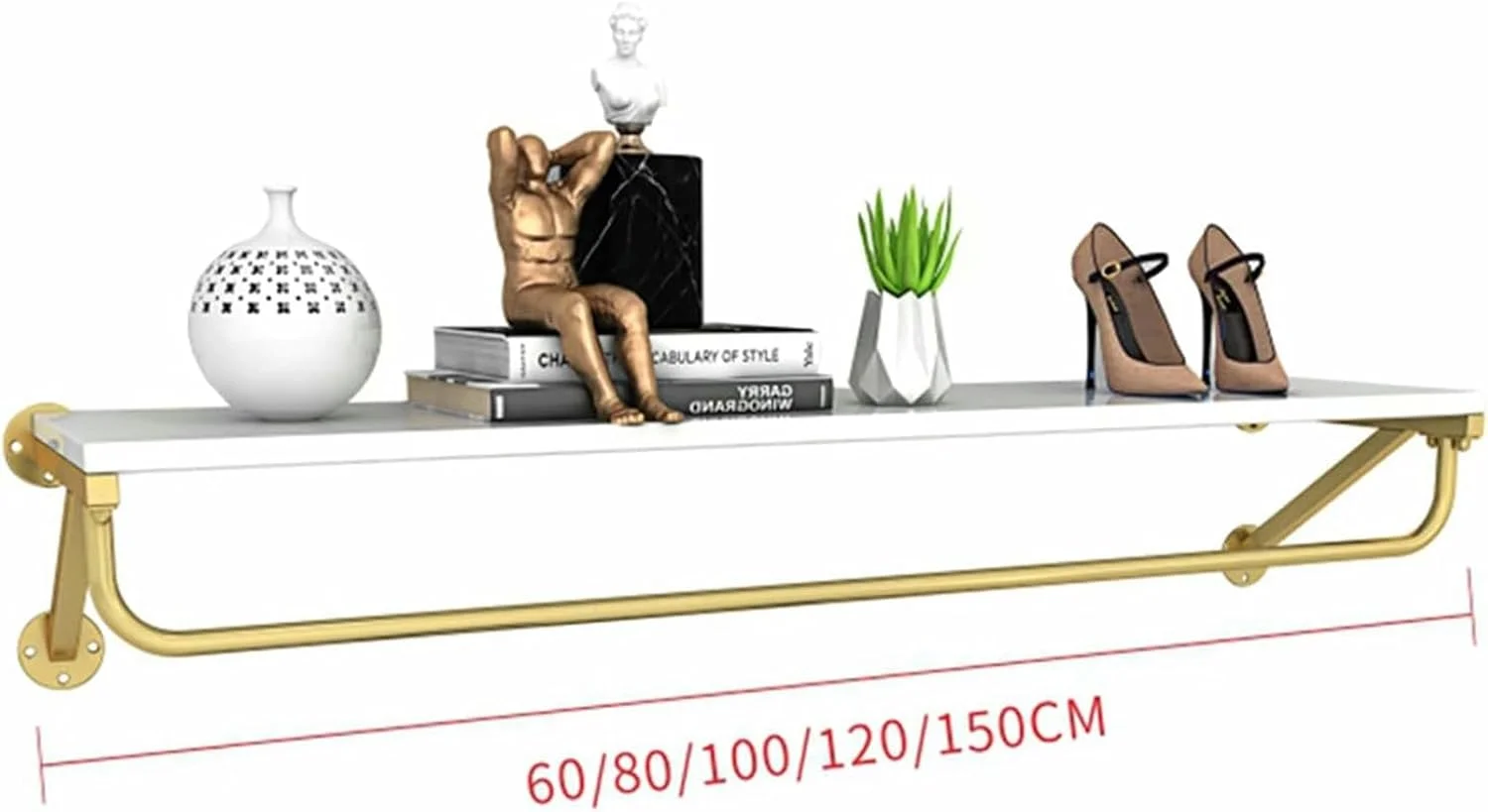 رگال لباس چوبی فلزی - استند دیواری برای لباس، کفش و حوله - راه حل شیک برای نگهداری در خانه و فروشگاه، 100x26 سانتی متر، روکش طلایی