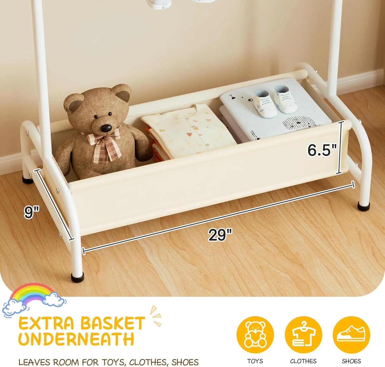 رگال لباس کودک MISSLO با سبد، مناسب برای نگهداری لباس و مرتب سازی، رگال کوتاه لباس کودک، کمد لباس کودک برای لباس نوزاد، سفید