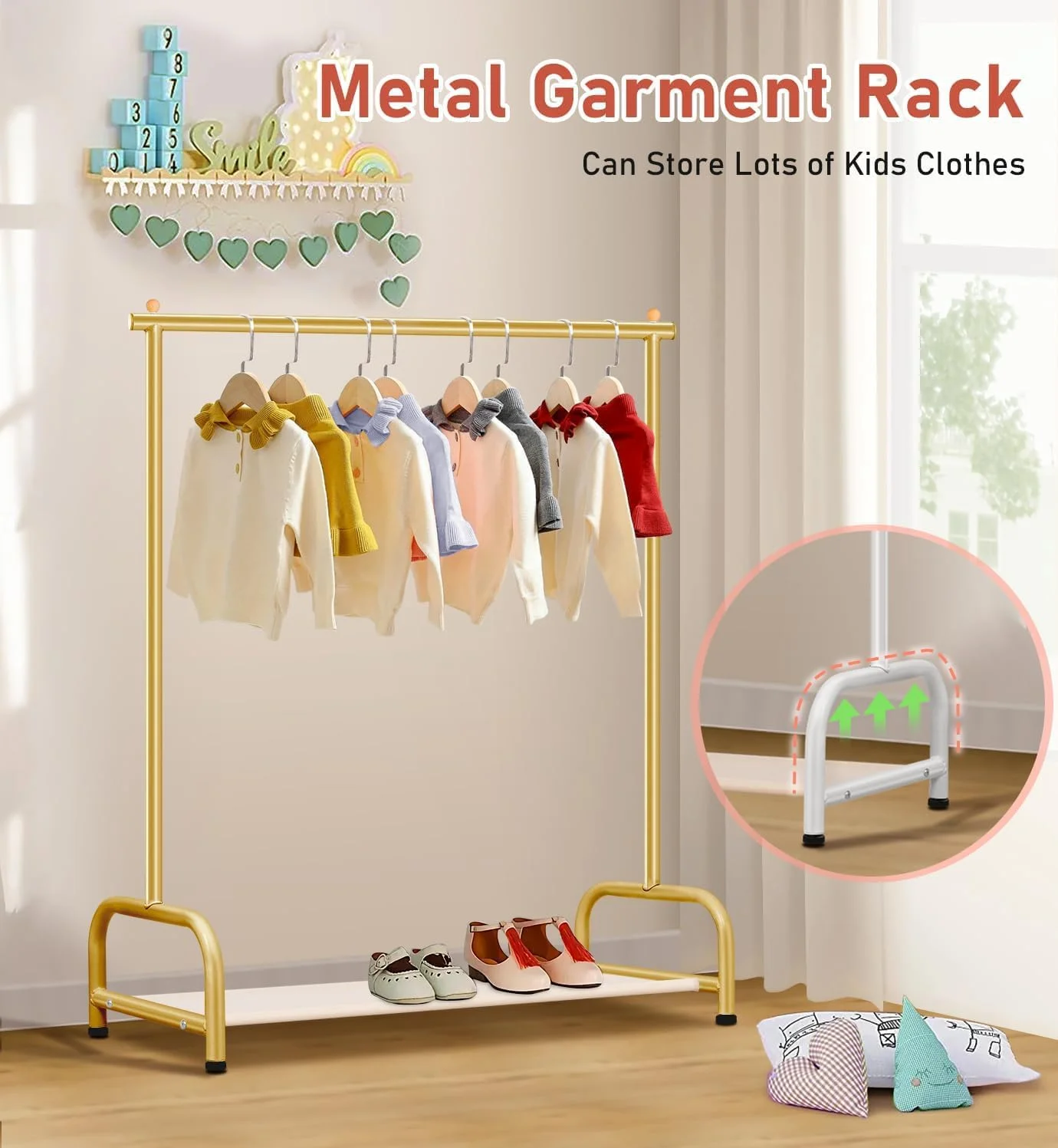 رگال لباس کودک MISSLO، رگال لباس کوچک بچه گانه با قفسه ذخیره سازی پایین، رگال آویز لباس کودک برای کت، رگال فلزی لباس رقص برای آویزان کردن لباس، طلایی
