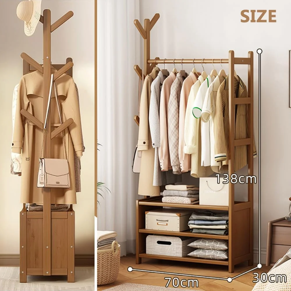 رخت آویز بامبو MUMOO BEAR، چوب لباسی چند منظوره، آویز لباس اتاق خواب، سازمان دهنده لباس، کلاه آویز با قفسه های ذخیره سازی کمد لباس و 6 قلاب (70 سانتی متر)