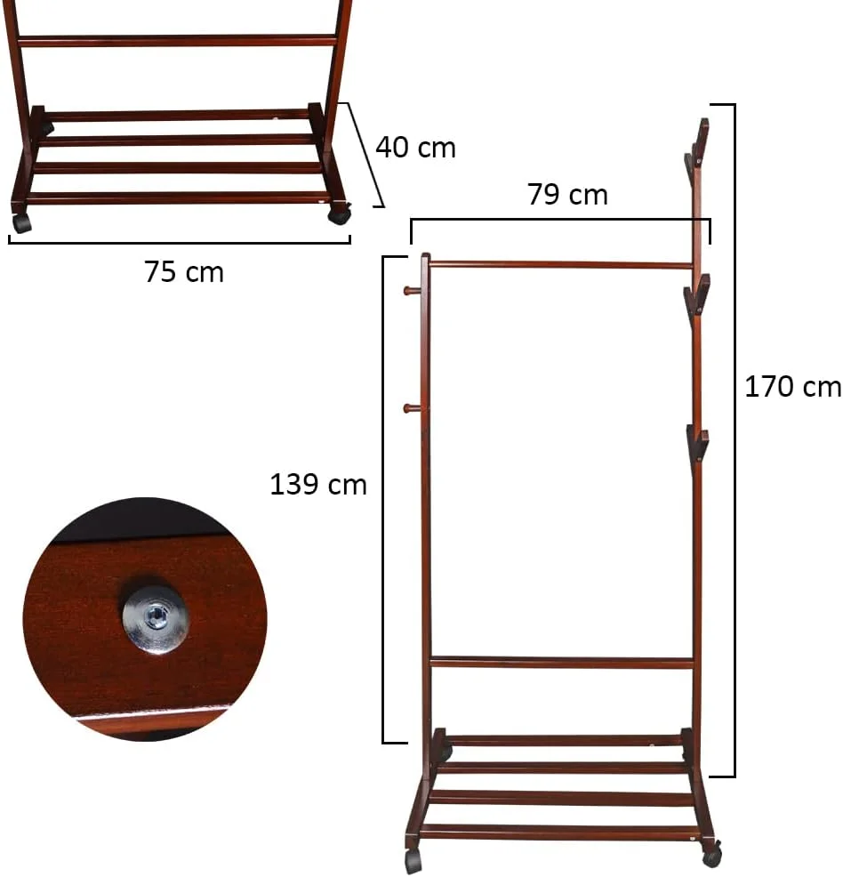 آویز لباس ایستاده YATAI، قفسه لباس چند منظوره با طبقات زیرین، استند لباس چوبی، ریل لباس با چرخ، استند کت با قفسه کفش، قفسه لباس برای لوازم جانبی اتاق خواب داخلی ورودی
