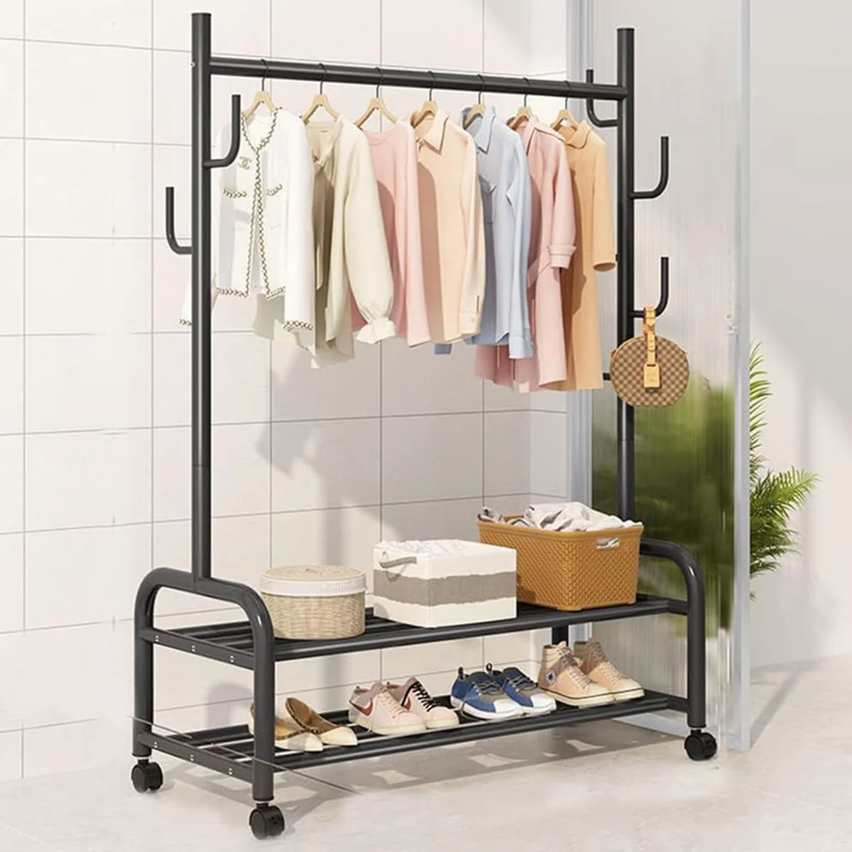 رگال لباس Moonmen، رگال لباس استیل سنگین برای آویزان کردن لباس، کلاه، شال گردن، کیف دستی، رگال کمد فلزی مستقل، استند آویز لباس نمایشگاهی فروشگاهی، مونتاژ آسان (مشکی)