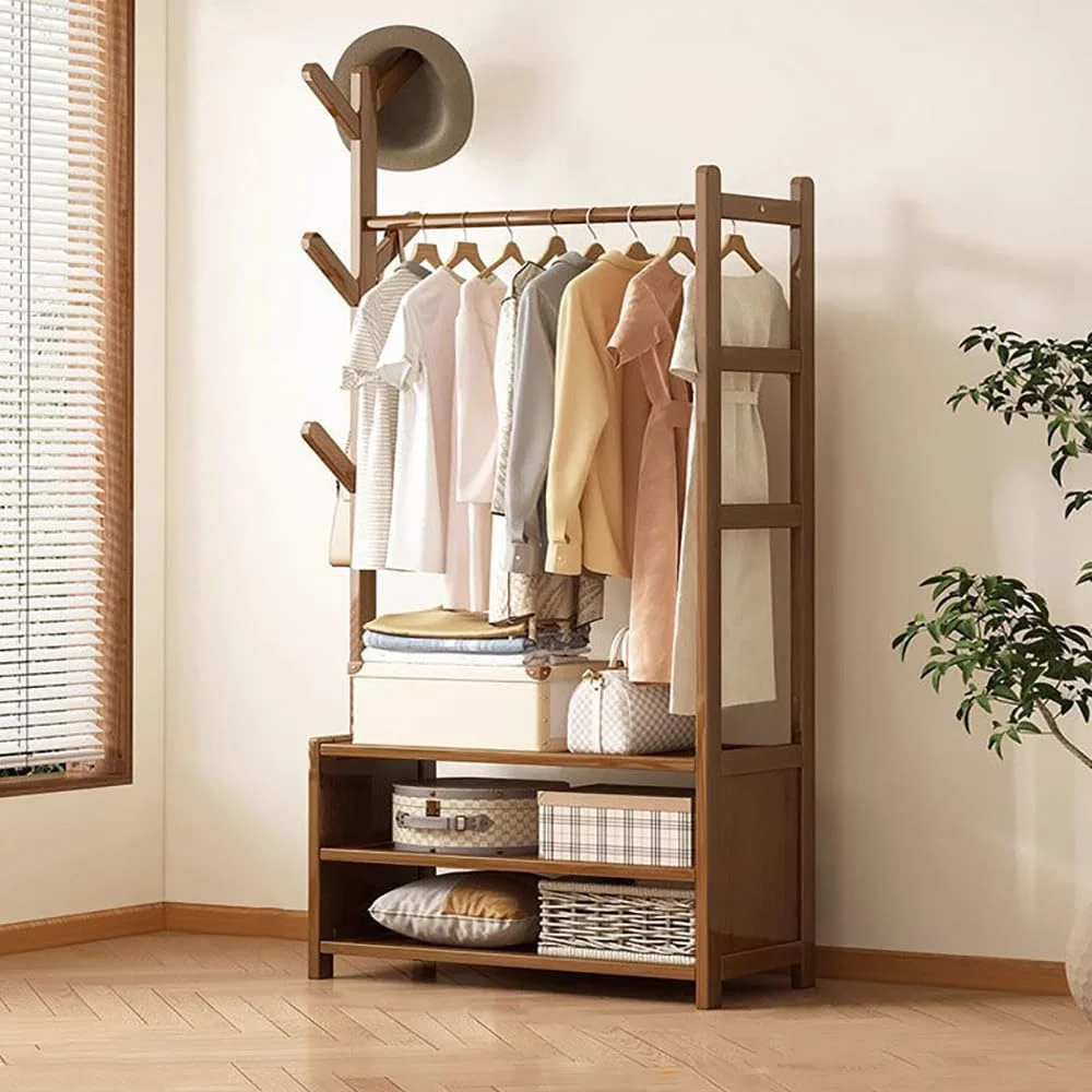 رخت آویز بامبو MUMOO BEAR، چوب لباسی چند منظوره، آویز لباس اتاق خواب، سازمان دهنده لباس، کلاه آویز با قفسه های ذخیره سازی کمد لباس و 6 قلاب (70 سانتی متر)