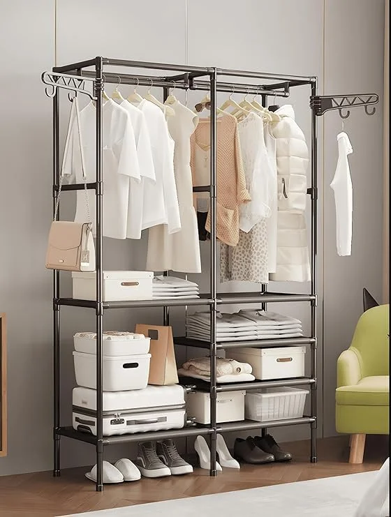 قفسه ارگانایزر لباس چند طبقه Cozy Nest با ۲ آویز و قلاب. کمد لباس چند منظوره و استند فلزی ایستاده برای نگهداری کفش و کت (مشکی مدل C با ابعاد 36D x 107W x 173H) قفسه ارگانایزر لباس چند طبقه Cozy Nest با ۲ آویز و قلاب. کمد لباس چند منظوره و استند فلزی ایستاده برای نگهداری کفش و کت (مشکی مدل C با ابعاد 36D x 107W x 173H)