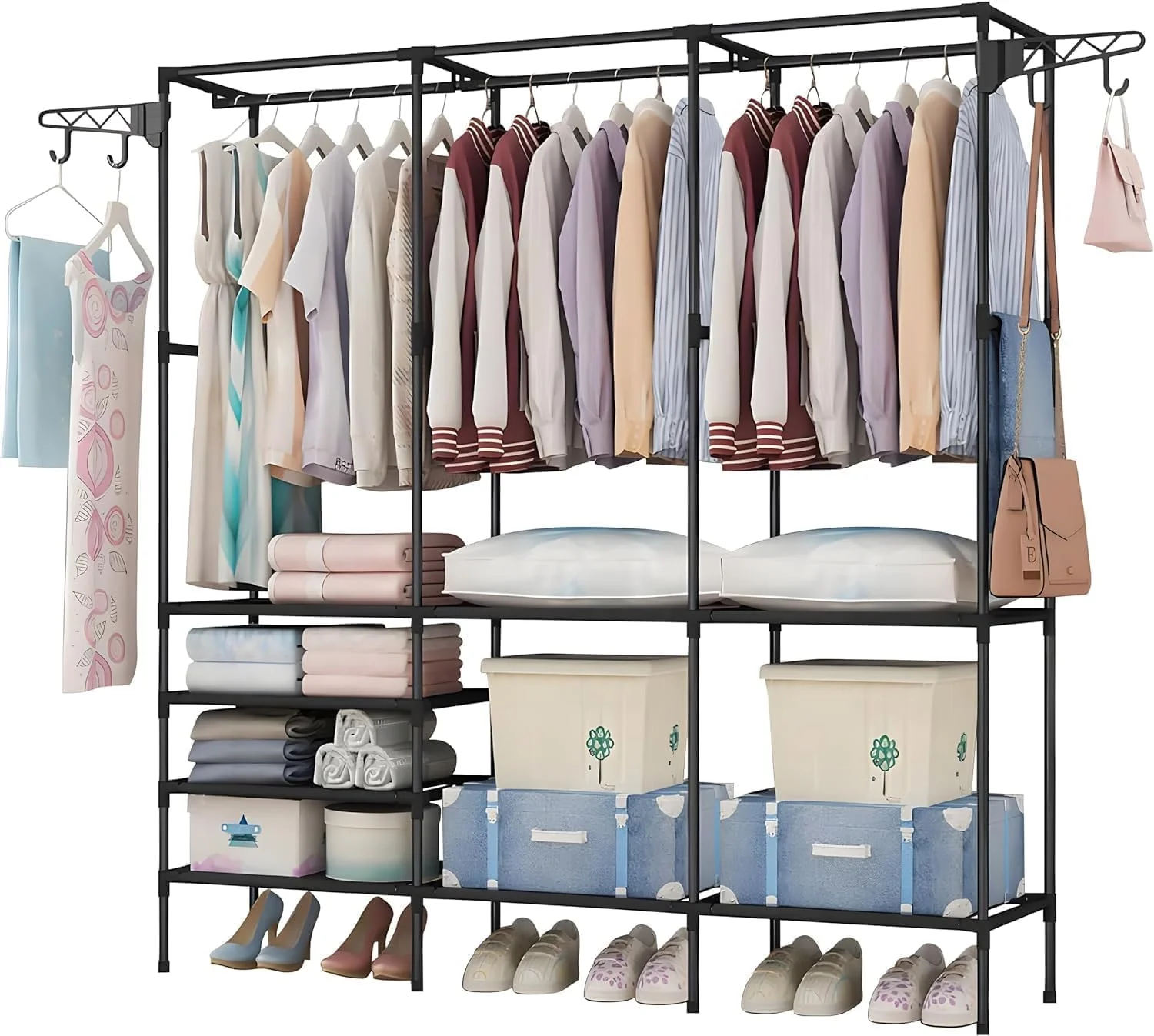 قفسه ارگانایزر چند طبقه لباس با ۲ میله آویز و قلاب. کمد لباس چند منظوره و ارگانایزر نگهداری کفش، استند فلزی ایستاده (مشکی مدل B با ابعاد ۳۶D x ۱۶۰W x ۱۷۳H) قفسه ارگانایزر چند طبقه لباس با ۲ میله آویز و قلاب. کمد لباس چند منظوره و ارگانایزر نگهداری کفش، استند فلزی ایستاده (مشکی مدل B با ابعاد ۳۶D x ۱۶۰W x ۱۷۳H)